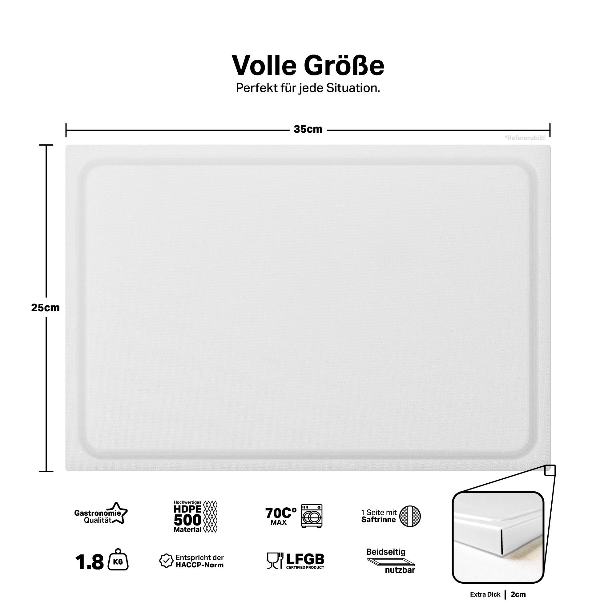 MUVELL Schneidebrett Kunststoff, Weiß, 35x25x2 cm, mit Saftrille, EXTRA dick, Kunststoff, (Stück, 1-St., Schneidebrett), messerschonend,Saftrille,Extra Dick