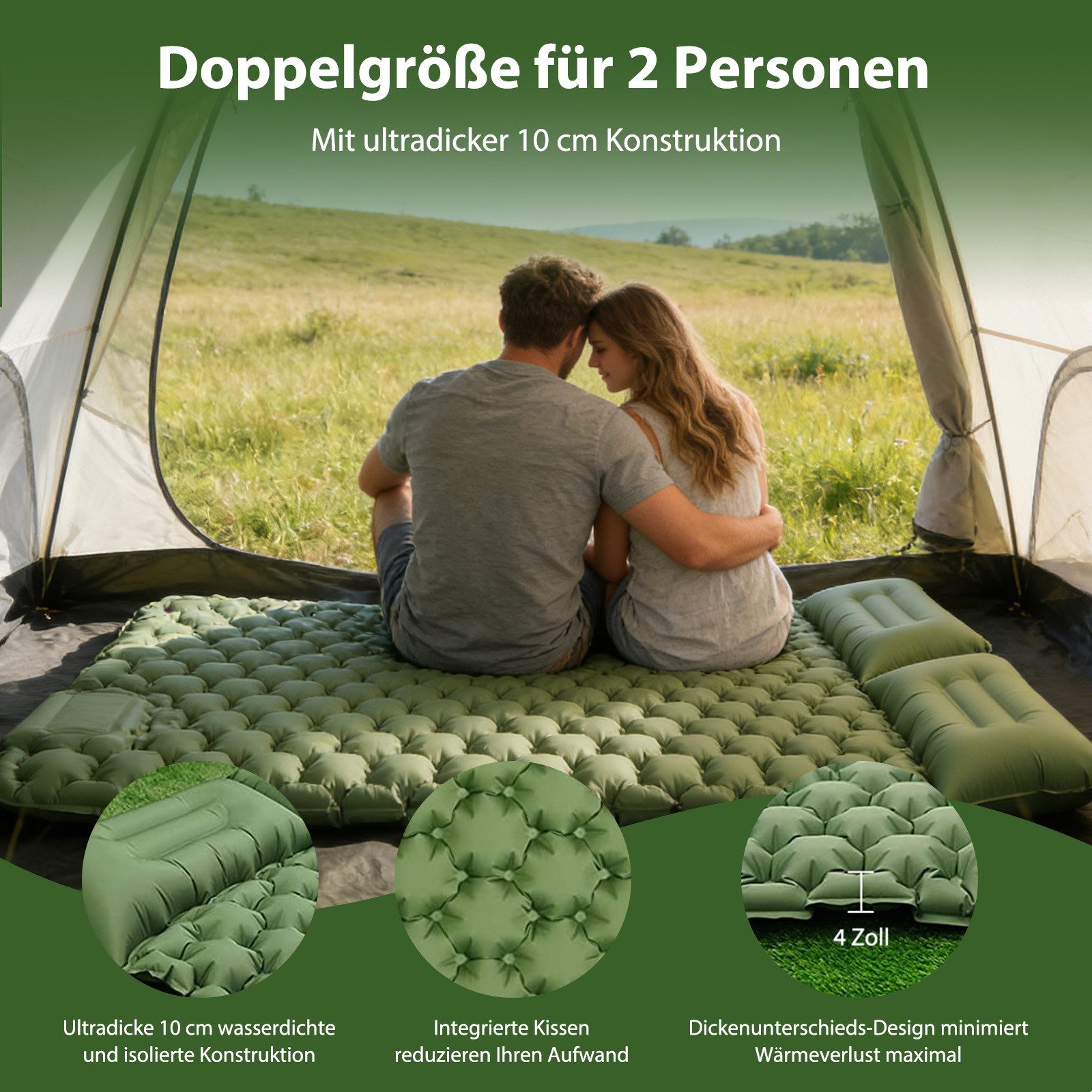 AKKEE Isomatte Campingmatte mit Kissen, Isomatte Outdoor, 2 Personen, Selbstaufblasend, Isomatte Ultraleicht, Isomatte Camping Outdoor