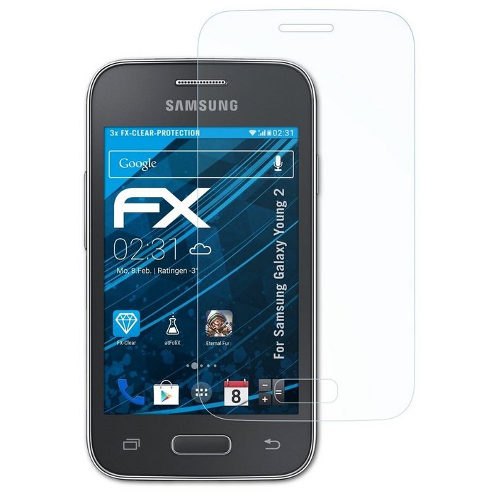 atFoliX Schutzfolie Displayschutz für Samsung Galaxy Young 2 (3 Folien) Ultraklar und hartbeschichtet