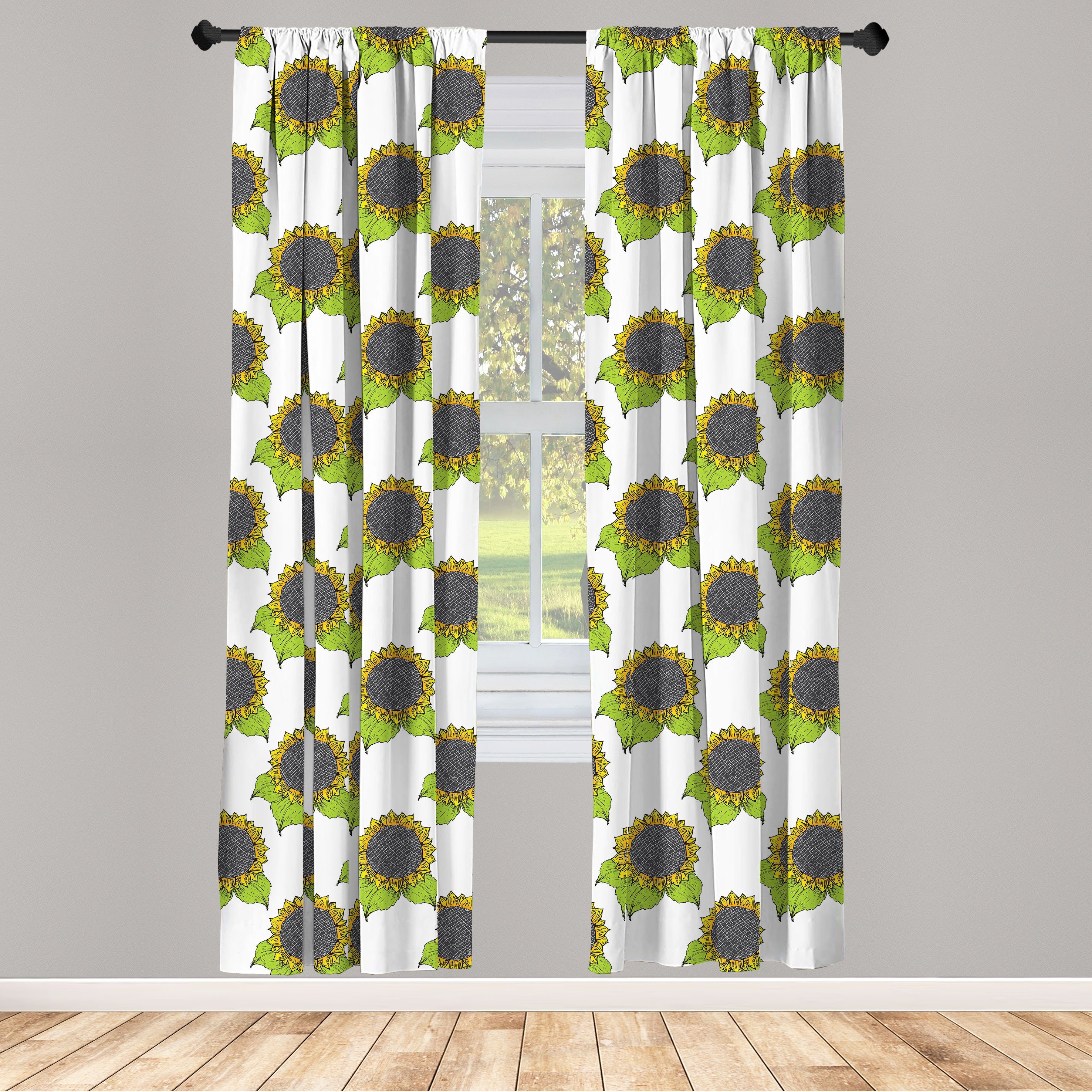 Gardine Vorhang für Wohnzimmer Schlafzimmer Dekor, Abakuhaus, Microfaser, Blumen Frühlings-Sonnenblume-Skizze