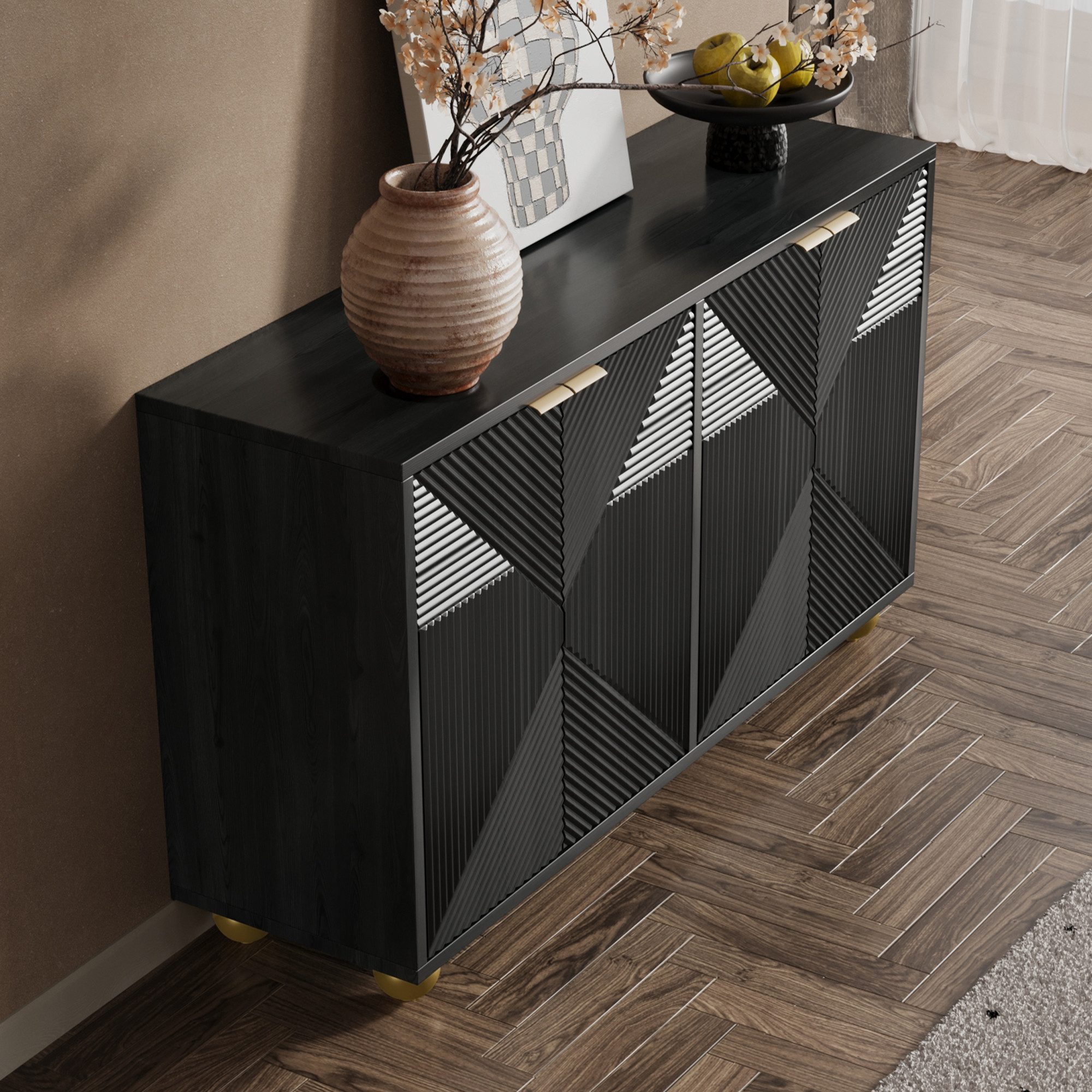Merax Sideboard mit goldenen Metallgriffen & Kugelfüßen (120 x 35 x 71,5 cm, 1 St), Kommode mit 4 Türen,verstellbaren Einlegeböden, goldenen Metallgriffen – Bild 4 von 5