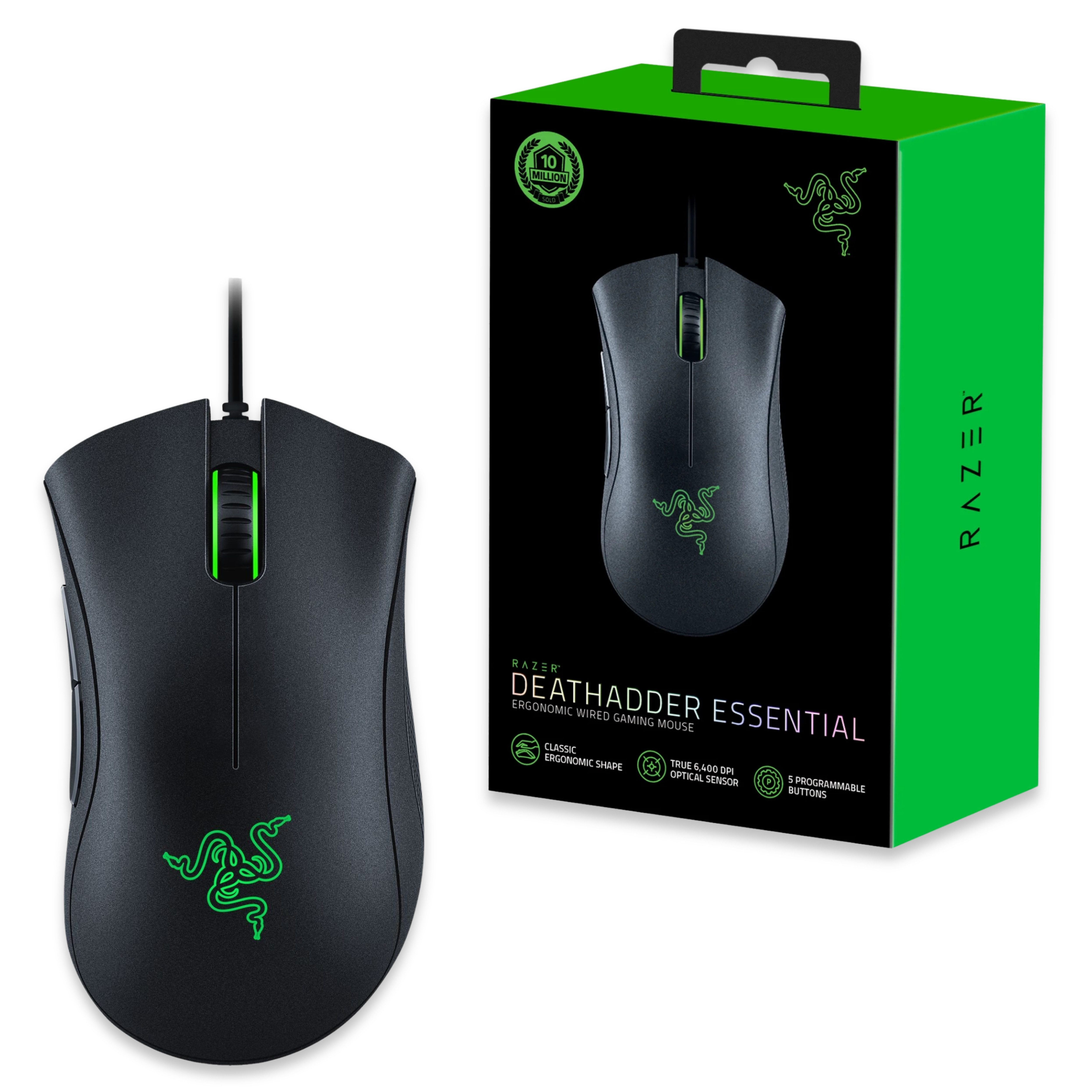 RAZER DeathAdder Essential Gaming Maus Schwarz Grün Gaming-Maus (Kabelgebunden, Ideal für Gaming)