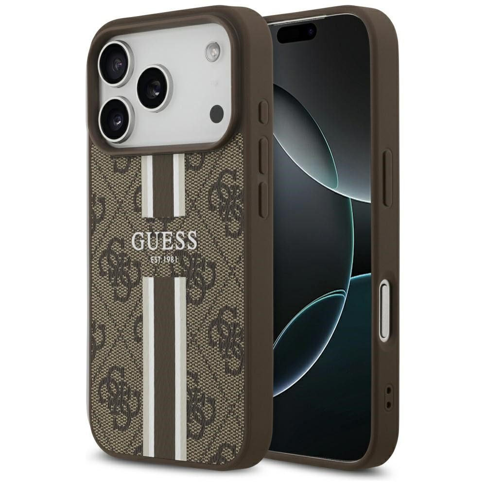 Guess Handyhülle Case iPhone 17 Pro MagSafe Kunstleder braun Logo Streifen 6,3 Zoll, Kantenschutz
