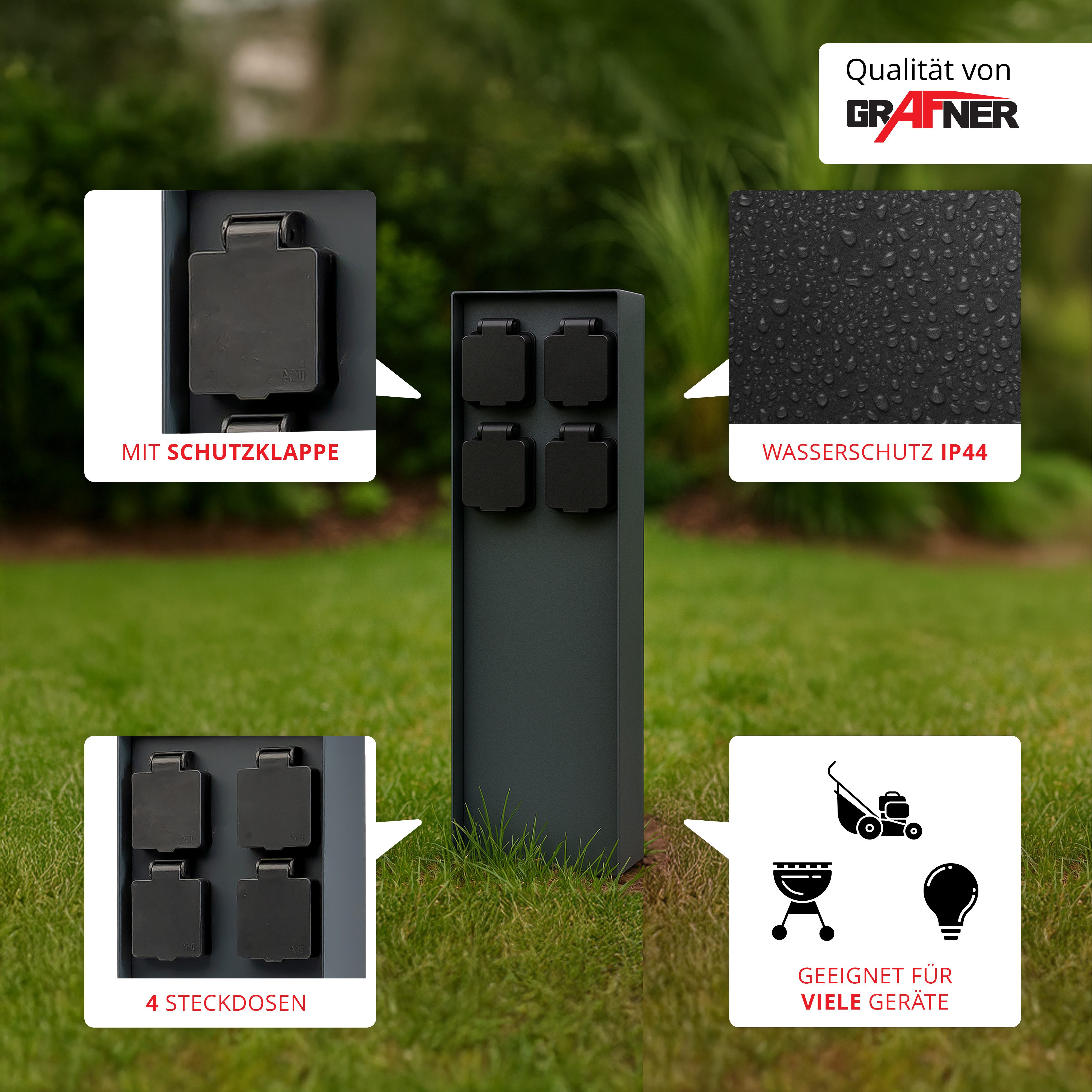 Grafner Gartensteckdose Steckdosensäule anthrazit 4 Außensteckdosen Edelstahl Gartensteckdose, Anthrazit, IP44