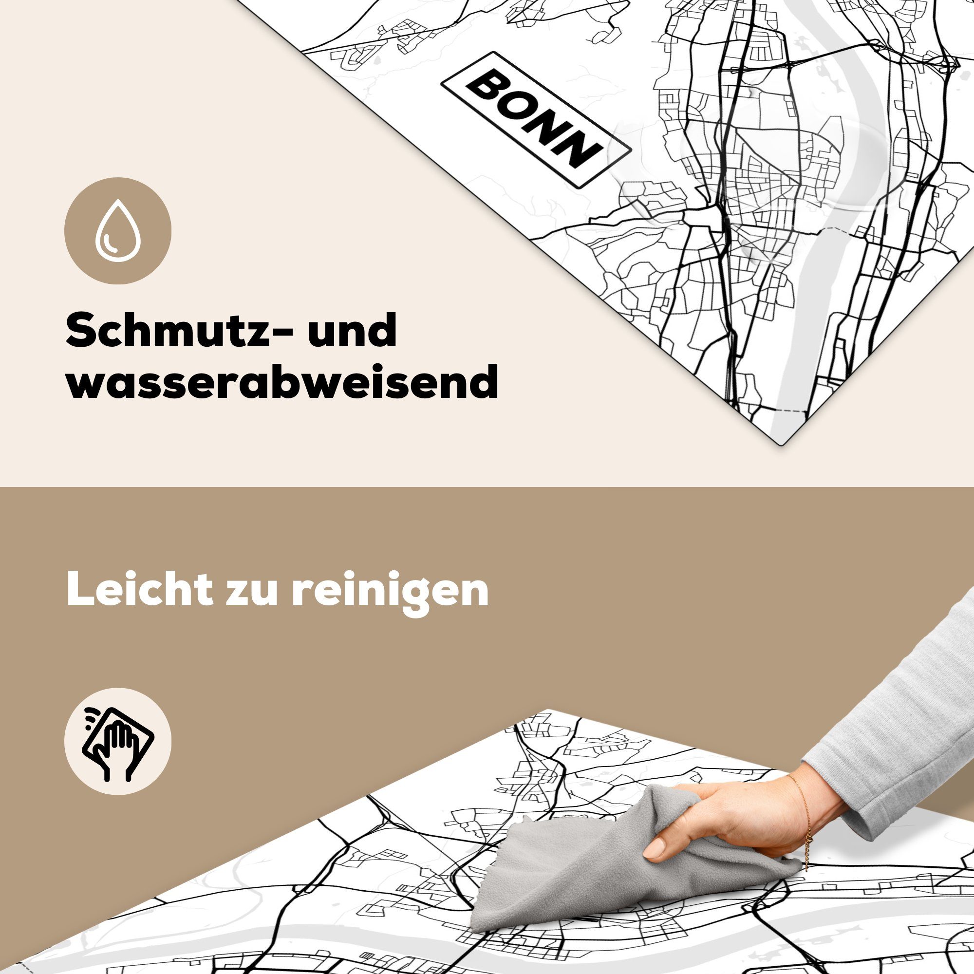 MuchoWow Ceranfeldabdeckung, Karte für - 78x78 Arbeitsplatte Stadtplan, - Herdblende-/Abdeckplatte (1 tlg), Vinyl, cm, küche Bonn