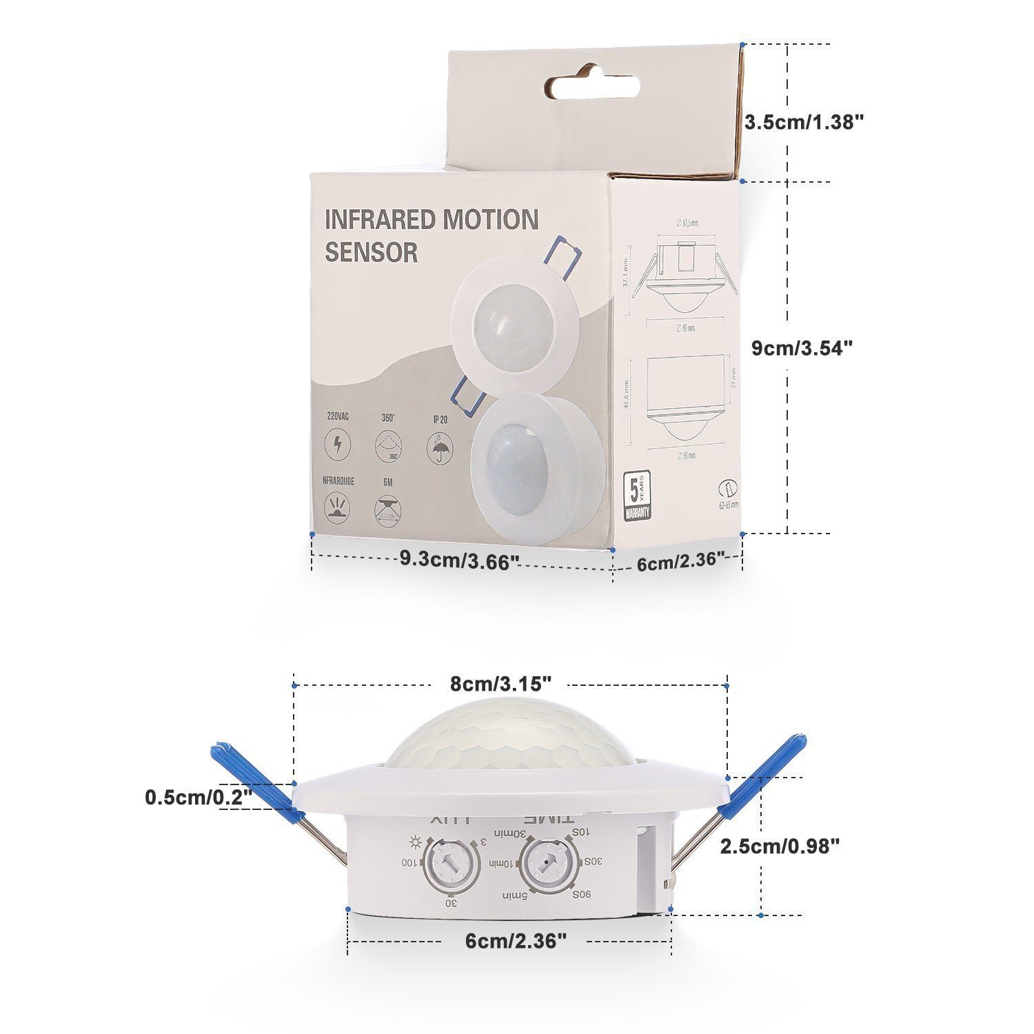 LED Bewegungsmelder Unterputz iscooter Aufputz geeignet Einstellbar, PIR 2er Decken 360°, Bewegungsmelder 8m / Innen Decken Montage, programmierbar Reichweite Einbau 360° Set