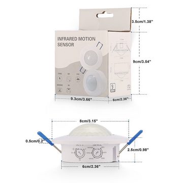 WILGOON Bewegungsmelder Decken Bewegungsmelder 360° PIR LED geeignet Einbau Innen Einstellbar, Unterputz Aufputz Decken Montage, Reichweite 8m / 360°, programmierbar