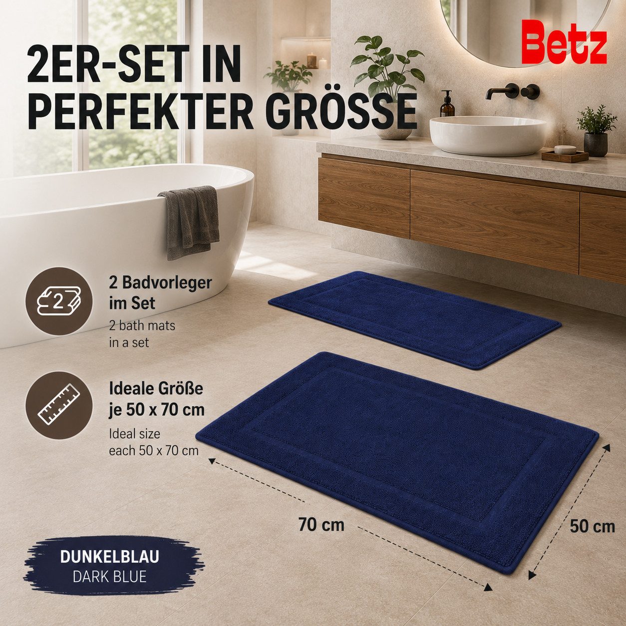 Betz Badematte 2 Stück Badvorleger Premium Badteppich Größe 50x70 cm, unbeschichtet, beidseitig nutzbar, beidseitig nutzbar, Baumwolle, Qualität 650g/m² – Bild 2 von 5