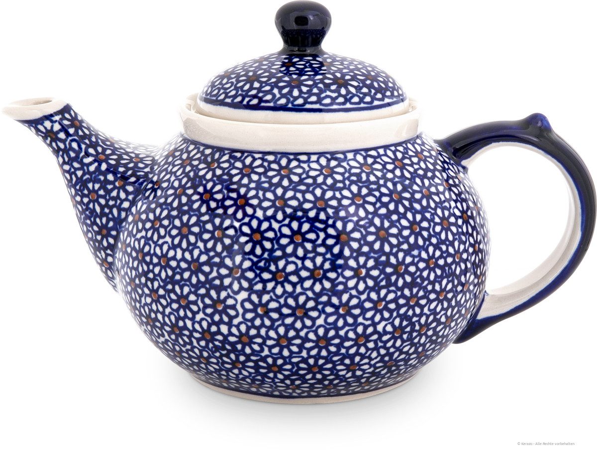 Bunzlauer Keramik Teekanne 1,25 Liter Teekanne mit Stövchen – Klassische,rundliche Form,Dekor 120, 1,25 l