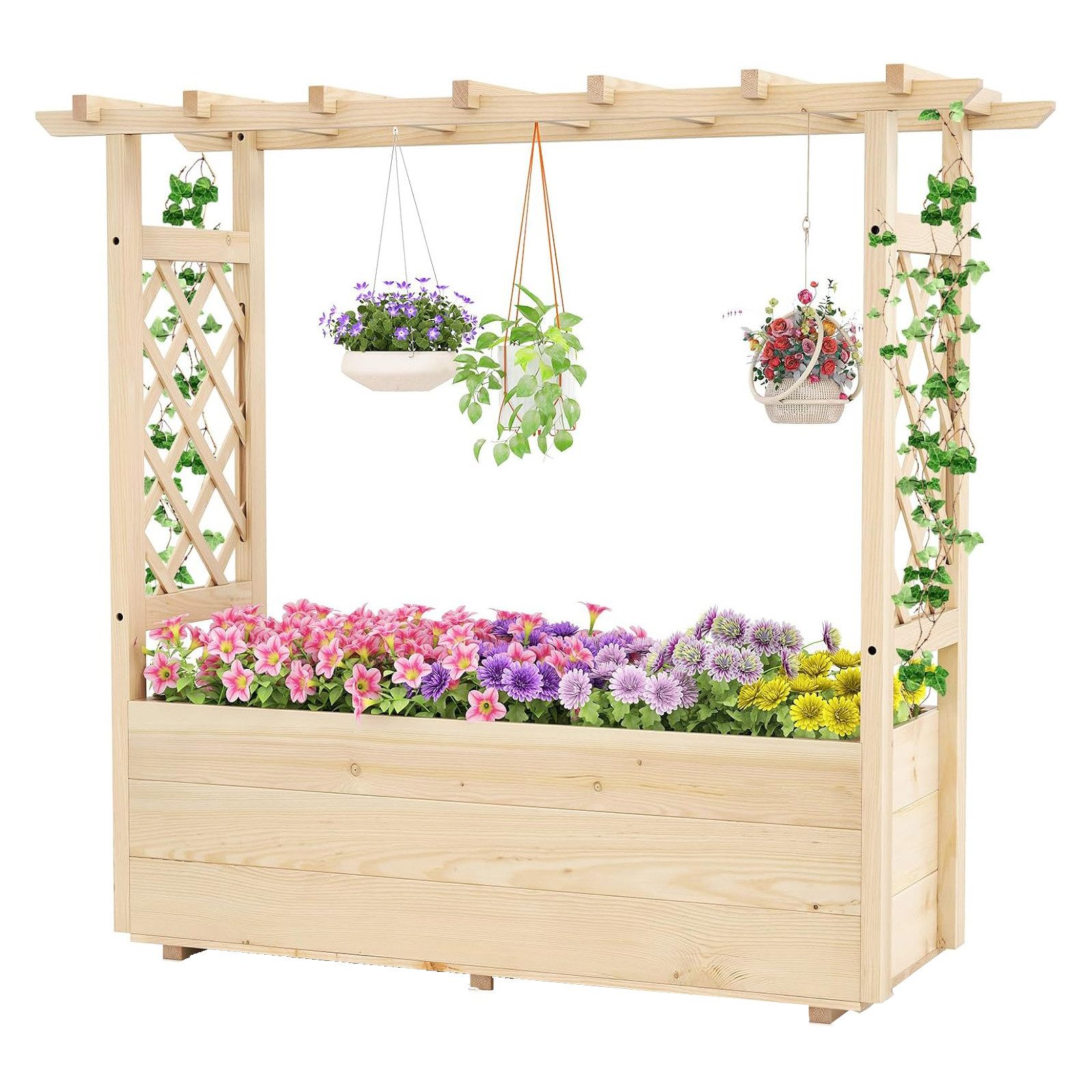 KOMFOTTEU Blumenkasten, Pflanzkasten mit Rankgitter, hängendem Dach & Ablauflöchern