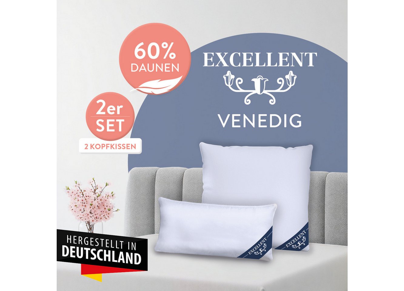 Excellent 3-Kammer-Kopfkissen Venedig, 1-tlg. oder 2 tlg. Hergestellt in Deutschland!, Füllung: weiße neue Daunen und Federn, Klasse I, 60% Daunen / 40% Federn (Außen), weiße neue Federn, Klasse I, 100% Federn (Innen), Bezug: feiner Daunen-Batist, 100% Ba