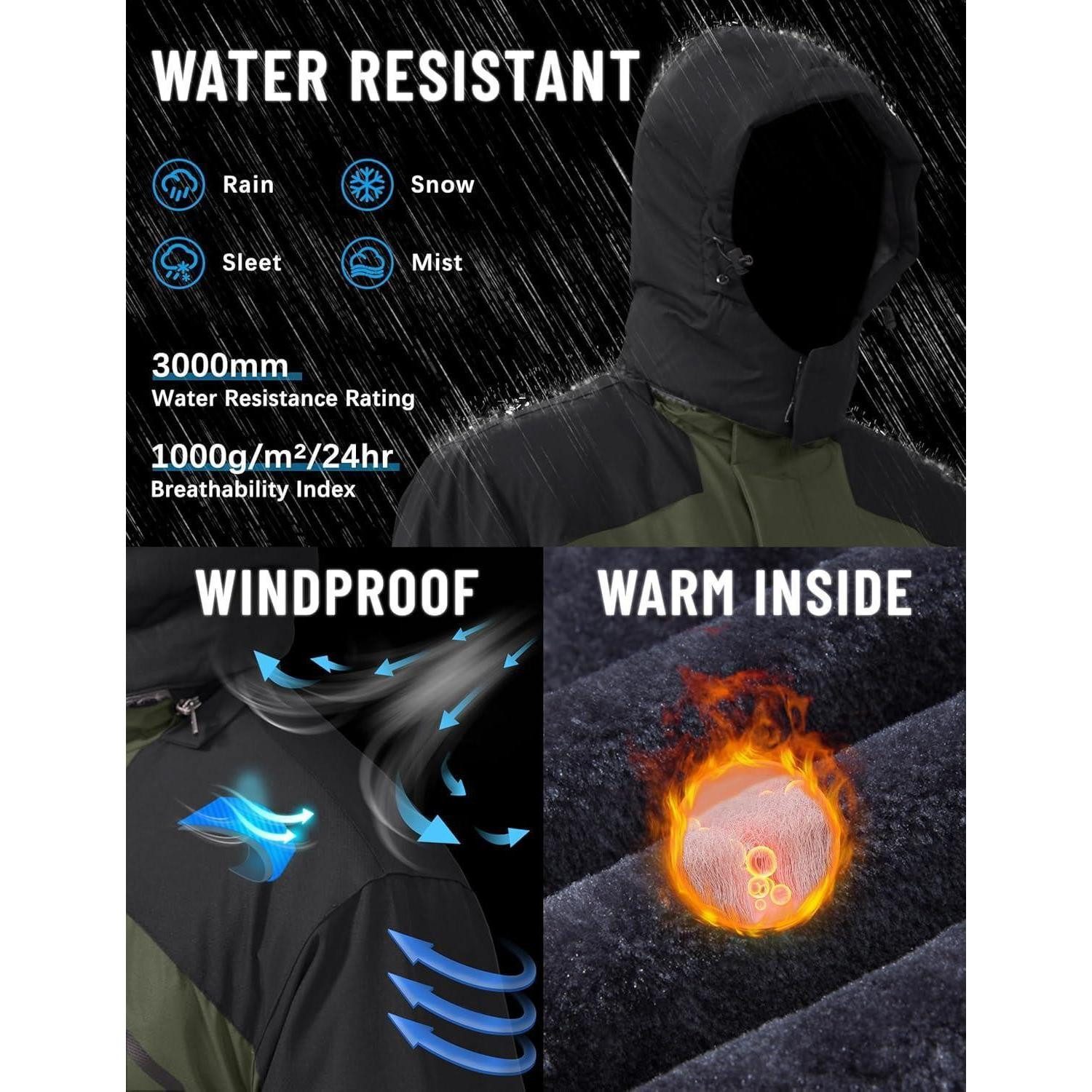 TACVASEN Winterjacke Herren Winterjacke Wasserdicht Winddicht Fleece Kapuze S Armeegrün