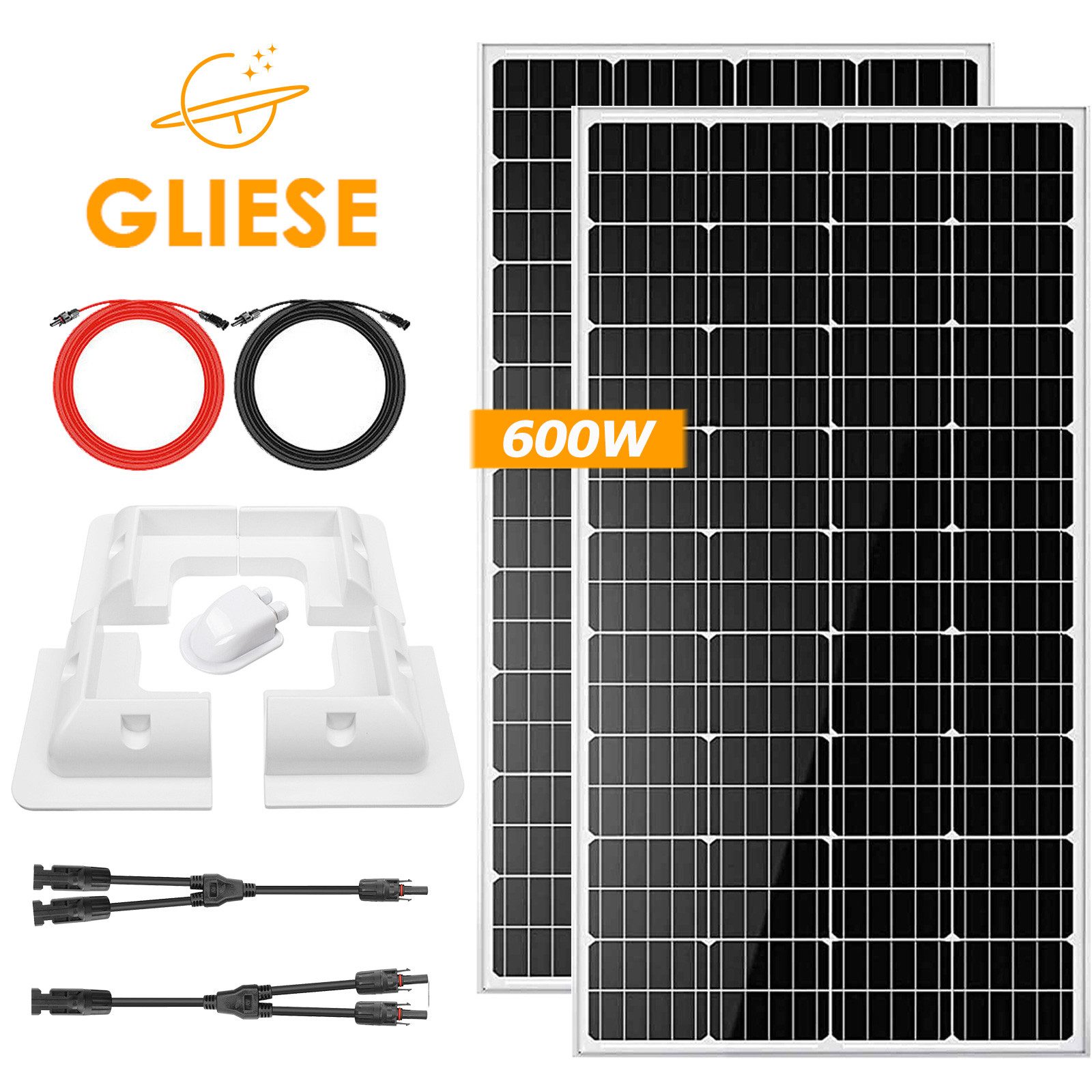 GLIESE Solaranlage 600W Solarpanel Wohnmobil Set für Wohnmobile, Camper Off-Grid-Systeme, 300 W, Monokristalline, (Set, 11-St., Solarpanels, Solar-Verlängerungskabel, Montagehalterung), Erweiterbar durch Serien- und Parallelschaltung