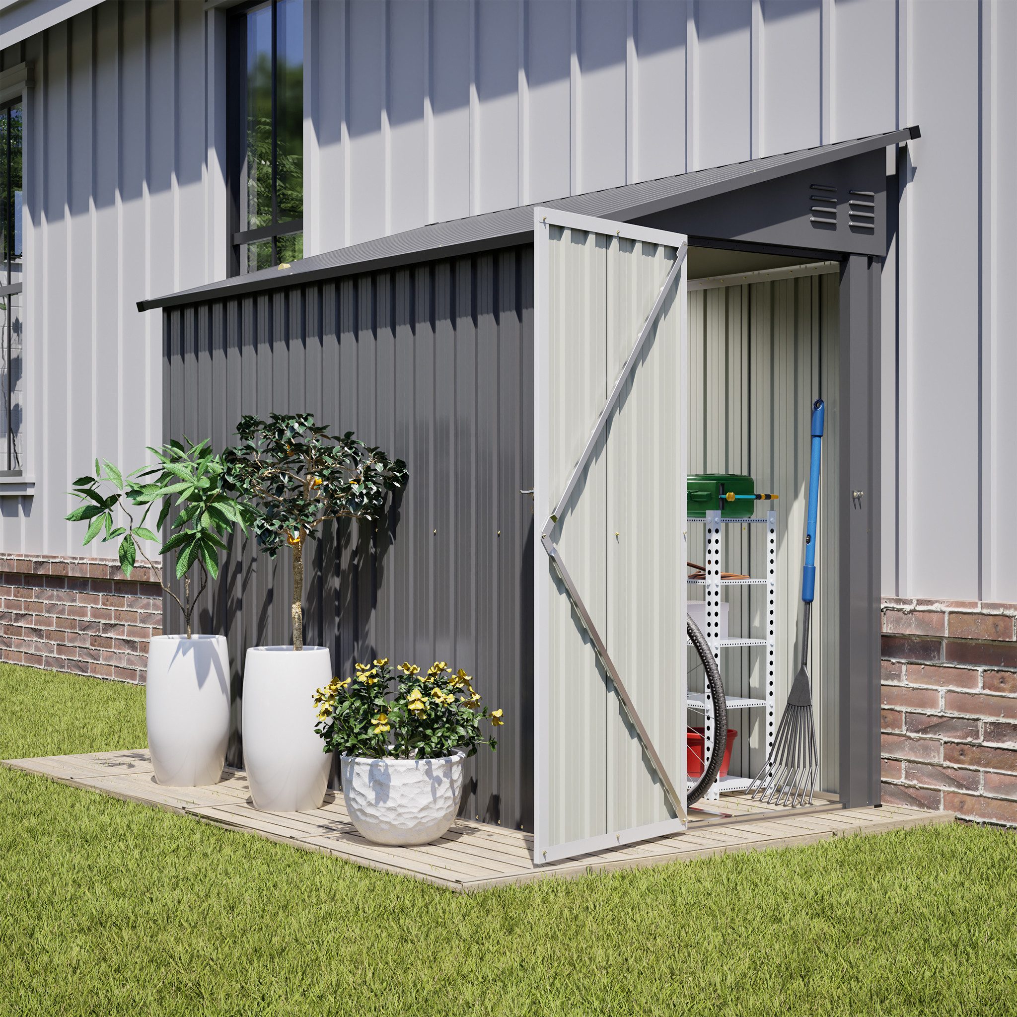 BlingBin Gartenhaus Gartenschuppen aus Metall 2.54m²Anbau-Schuppen mit abschließbarer Tür, BxT: 242x124 cm, (1er Set, 242L x 124B x 192H cm), wetterfest Garten Schuppen Outdoor Gartenhaus für Außenbereich