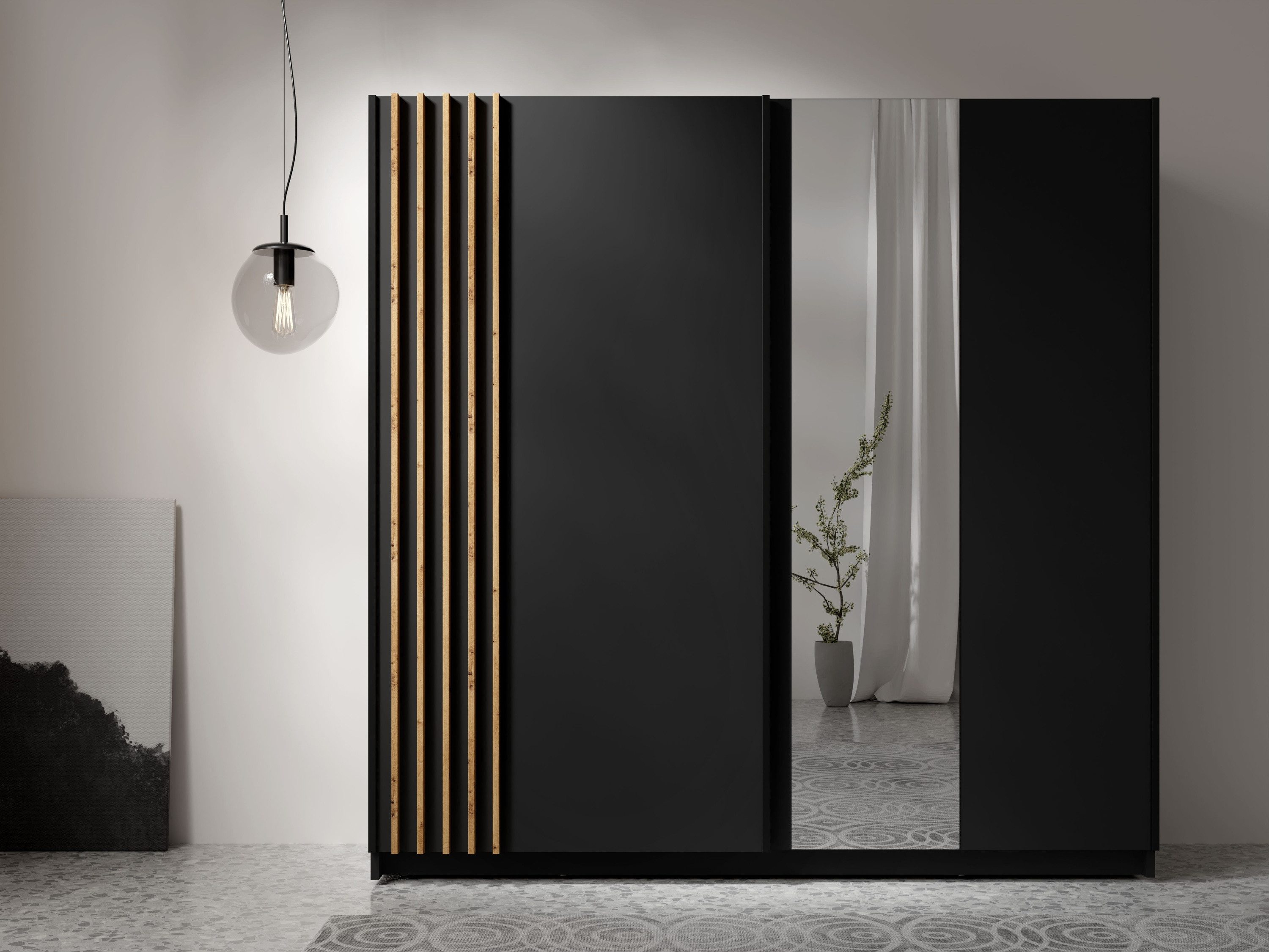 Raumhirsch Furniture Kleiderschrank Schwebetürenschrank, Schrank mit viel Stauraum, Garderobenschrank (Maße: 200,6 x 62 x 198,5 cm, stabile Konstruktion) Schiebetüren, Spiegel, Lamellen