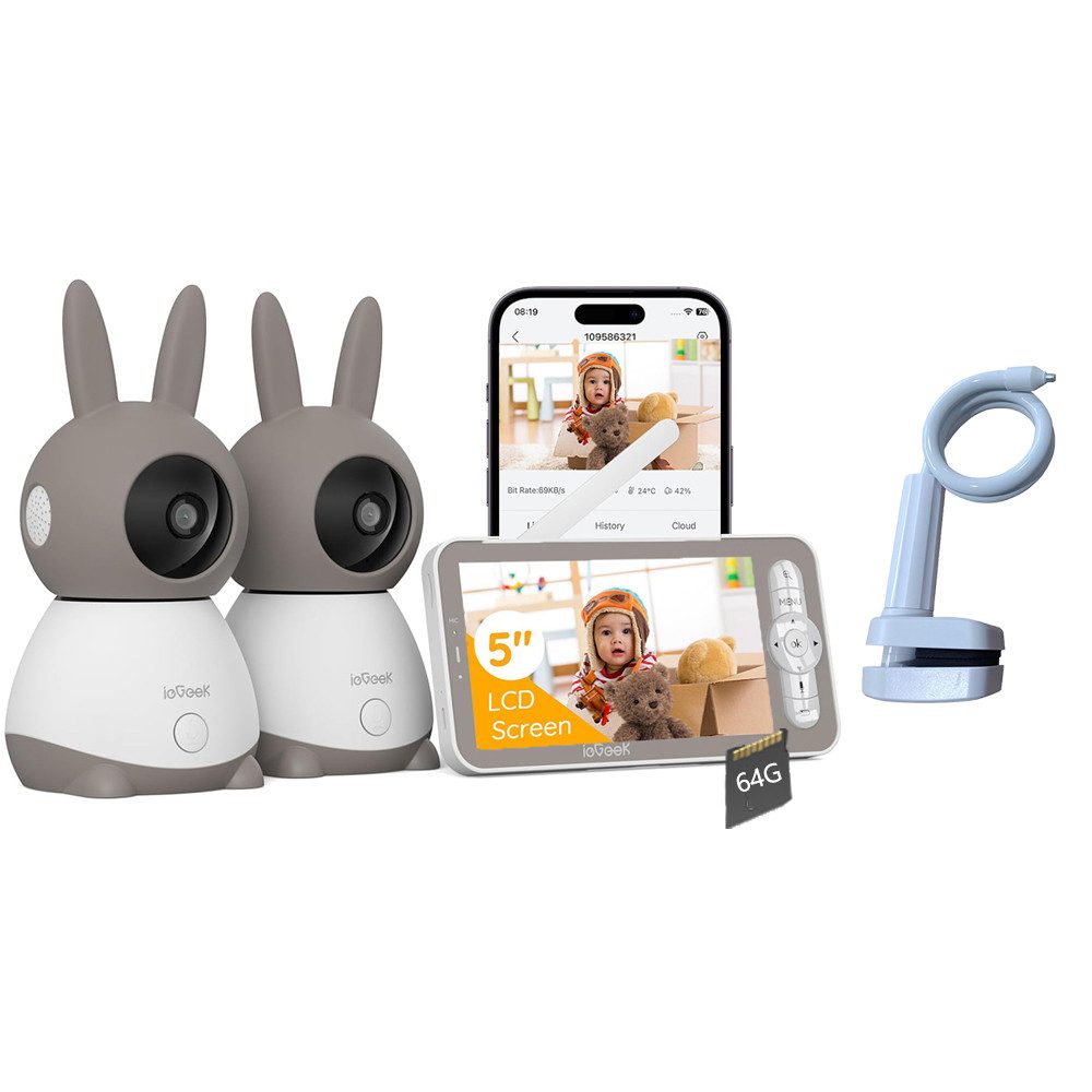 Babyphone Babyphone mit 2 Kamera 2K/3MP 5 Zoll mit Halterung mit 64G Karte