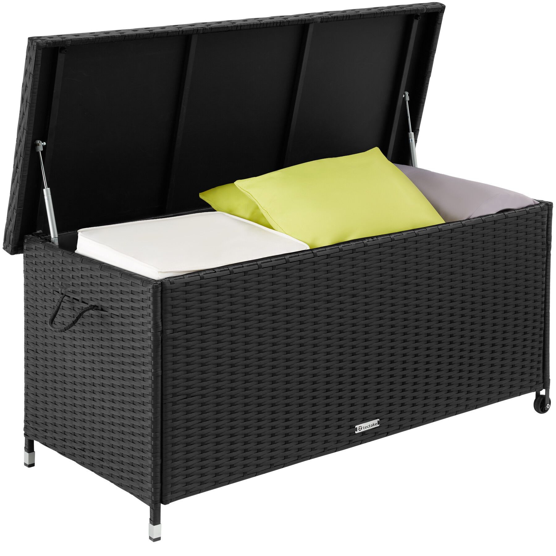 tectake Gartenbox Aluminium Auflagenbox mit Rattangeflecht, 121 x 56 x 60 cm (Kissenbox Kiruna, in schwarz, 270 L), UV-beständig, 2 Rollen, mit Reißverschluss und Zahlenschloss