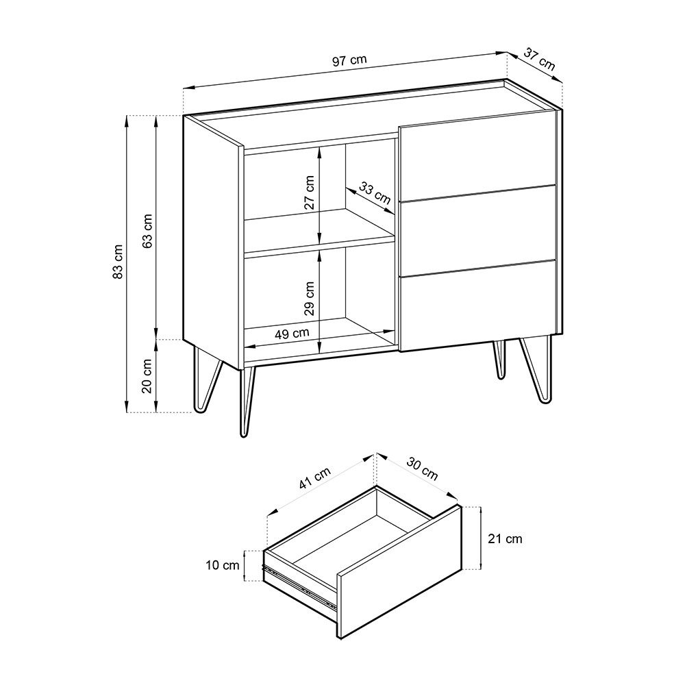 Lomadox Sideboard HERMOSILLO-160, Kommode Anrichte, graphit, Oberboden mit Marmoroptik, 97cm breit