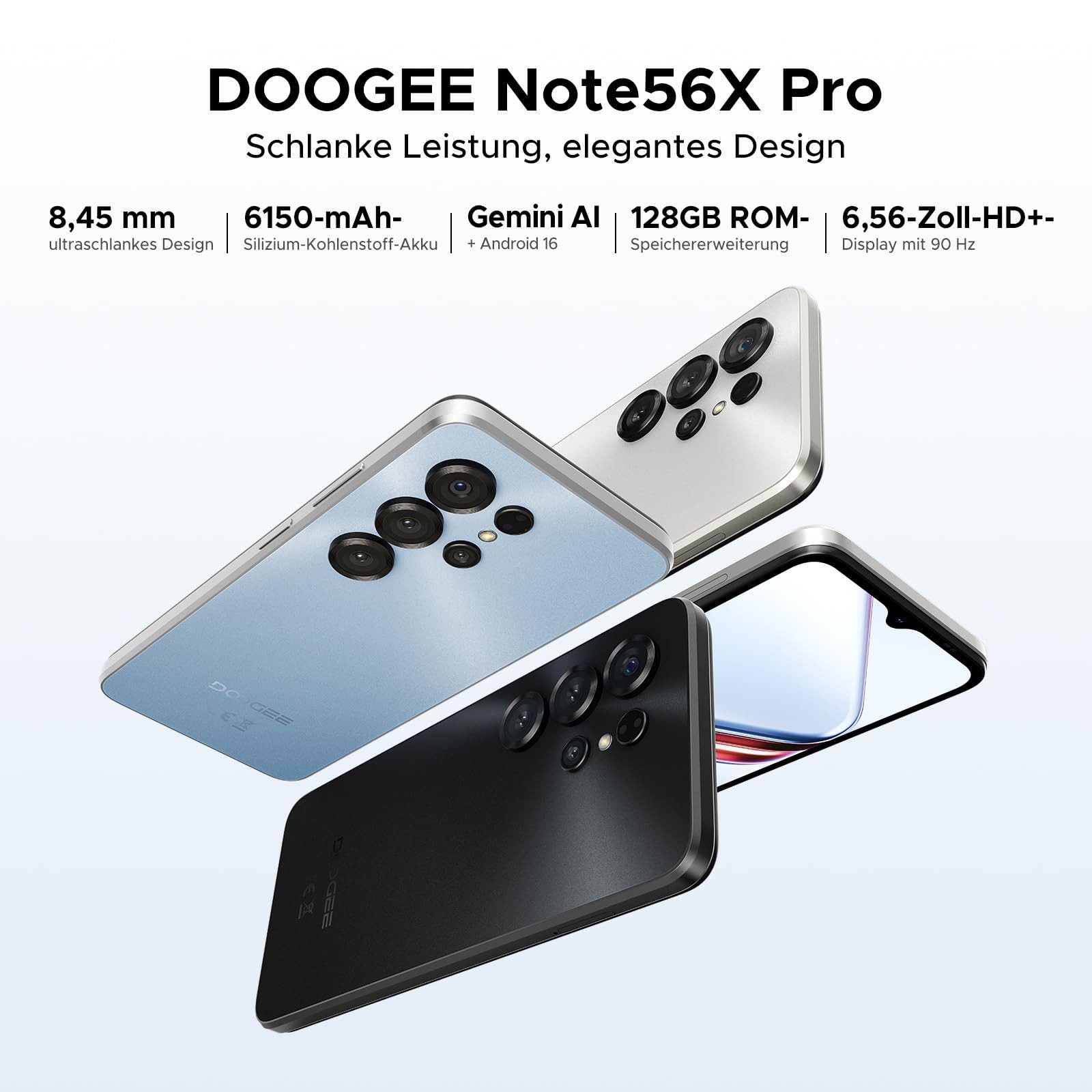DOOGEE NOTE 56X Pro 32GB RAM+128GB ROM Handy Ohne Vertrag Android 16 Smartphone (16,66 cm/6.56 Zoll, 128 GB Speicherplatz, 13 MP Kamera, 6,56'' HD+ Display, 6150mAh, Gemini AI, NFC, GPS, 4G Dual SIM)