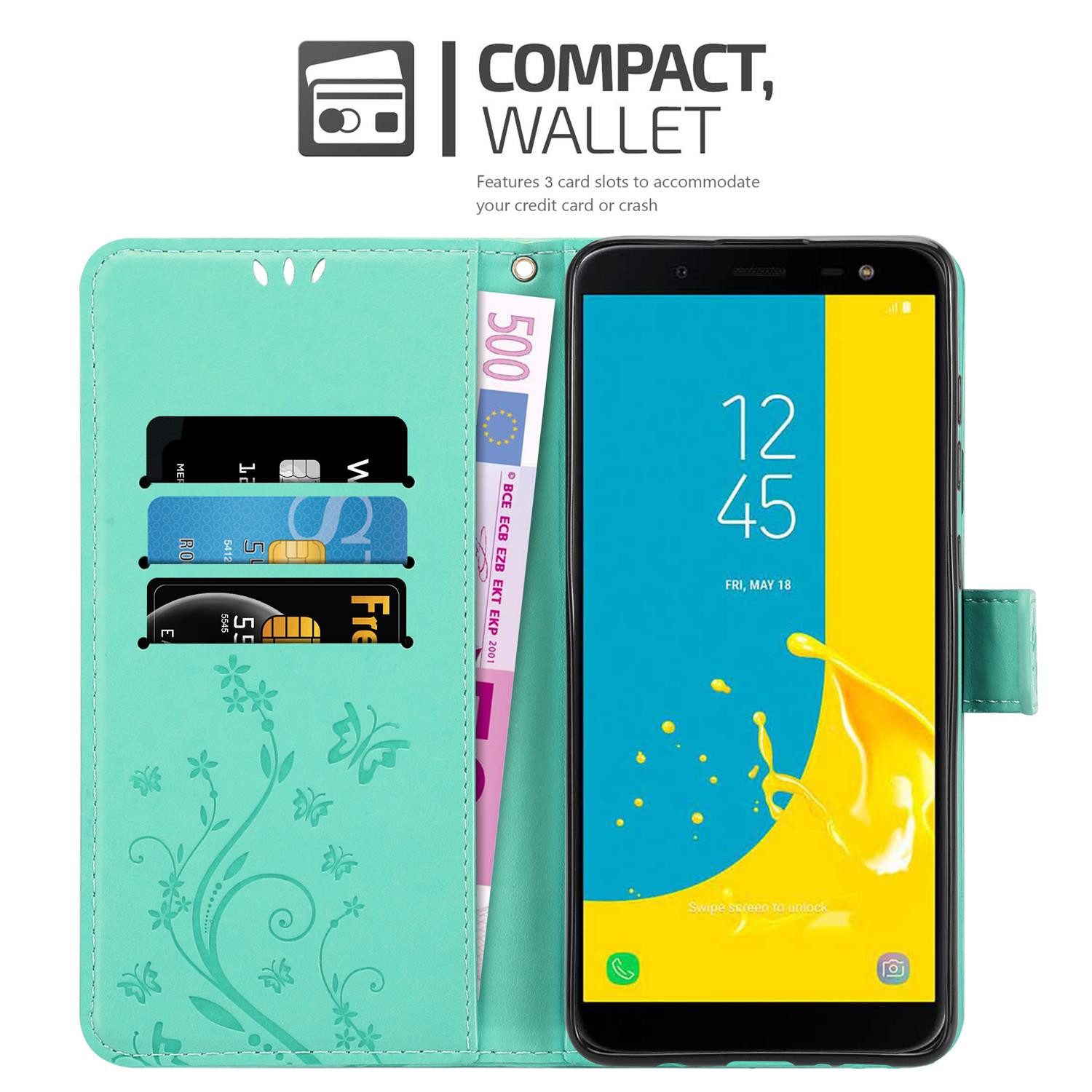Cadorabo Handyhülle für Samsung Galaxy J6 2018 Hülle Samsung Galaxy J6 2018, Hülle Schutzhülle Blumen Flower mit Standfunktion Kartenfach Magnet