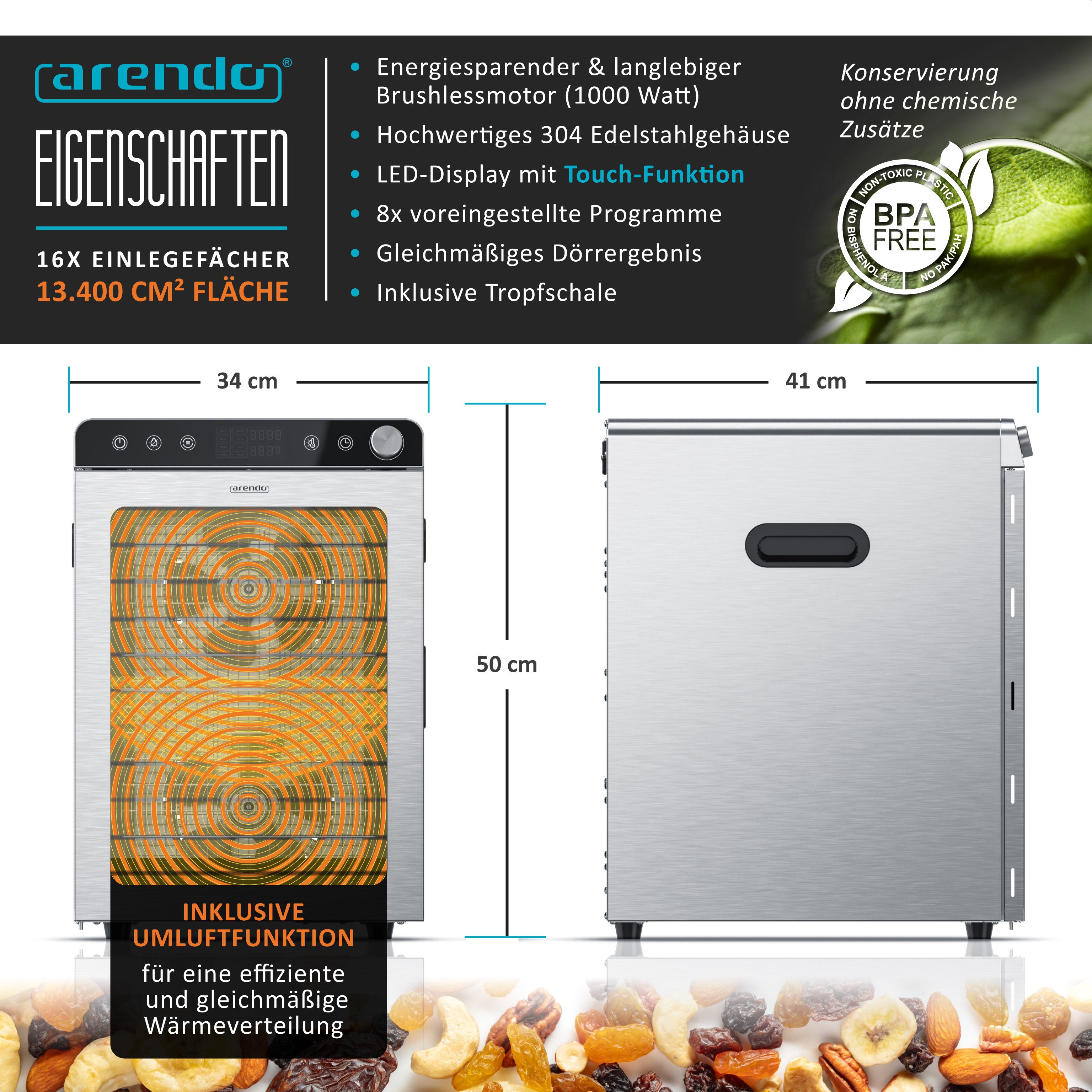 Arendo Dörrautomat Edelstahl, 16 Fächer, Temperaturregler 30°-85°C, Dörrgerät, Dehydrator 1000 W, 16 Etagen, Obst, Fisch, Fleisch Dörrapparat, Obsttrockner, Timer 0,5-24 Stunden