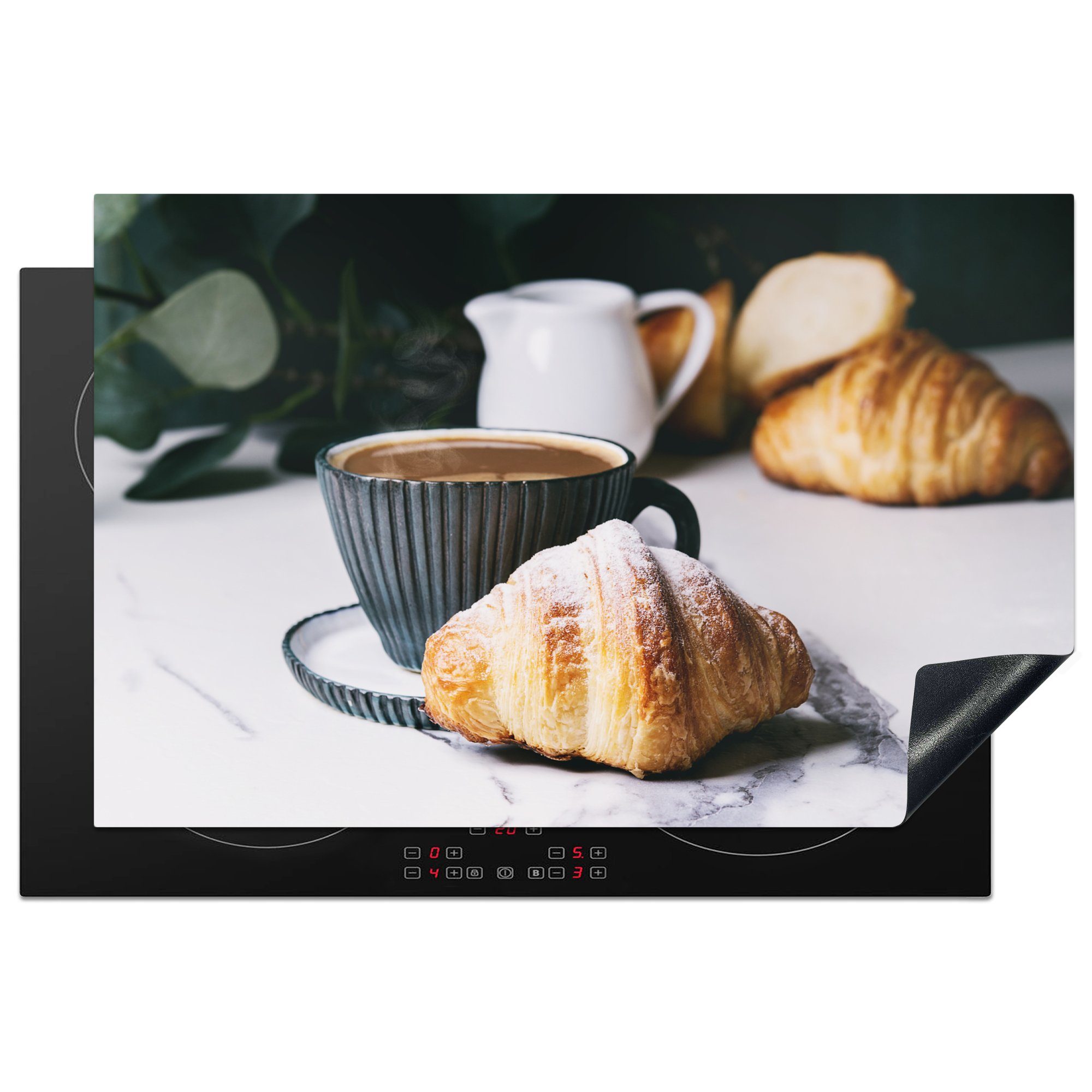 MuchoWow Herdblende-/Abdeckplatte Croissant mit einer Tasse Kaffee, Vinyl, (1 tlg), 81x52 cm, Induktionskochfeld Schutz für die küche, Ceranfeldabdeckung