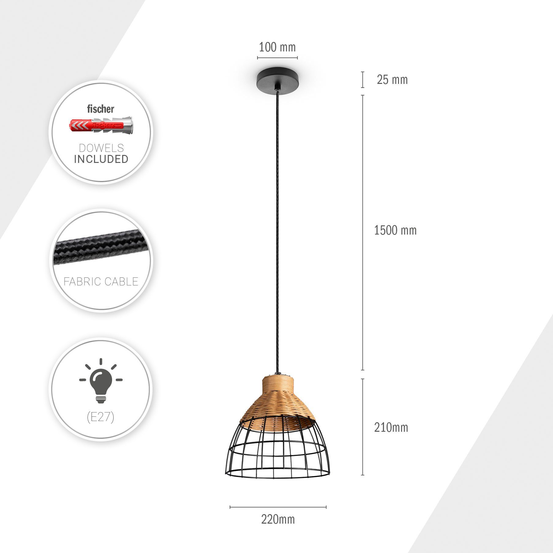 E27 Lampe Boho Korb ohne PUCA, Pendelleuchte Pendelleuchte Papier Home Paco Esstisch Stahl Leuchtmittel, Lampe