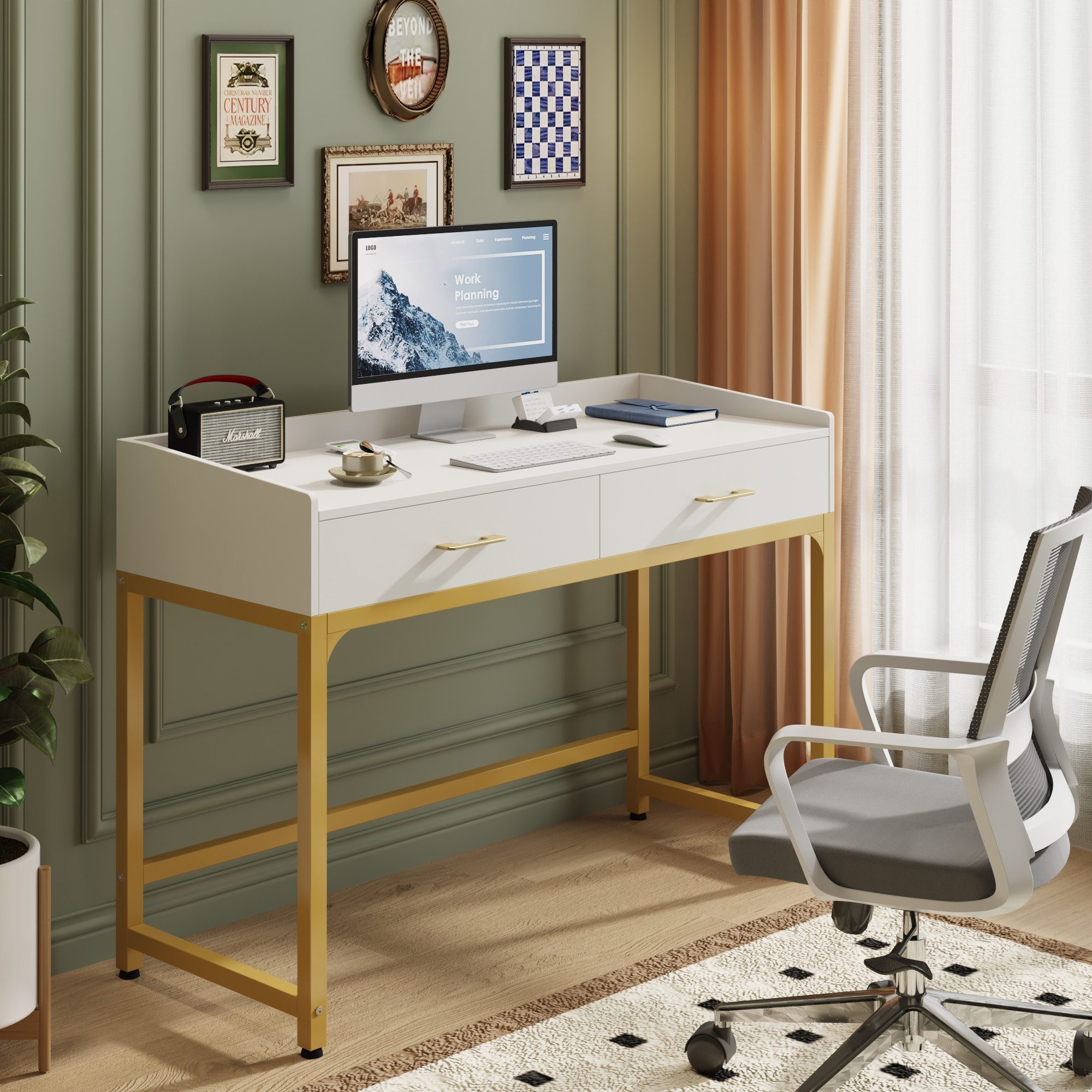 OYRREU Schminktisch mit Rückwand & 2 Schubladen, Gold-Metallgestell, Breite 100 cm (Kosmetiktisch, Set, Frisiertisch schmal, mit Kippschutz, Arbeitstisch), freistehender Tisch, Ankleidezimmer