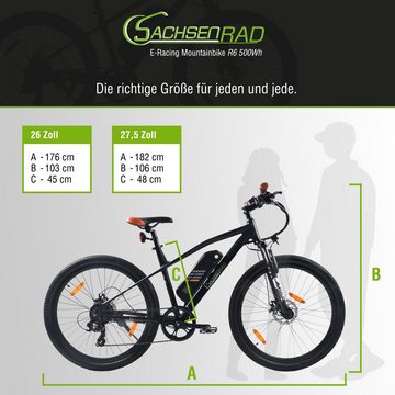 SachsenRAD E-Bike E-Bike R6 27,5 Zoll E-Mountainbikeca.150 KM Reichweite Schwarz-Orange, 7 Gang Shimano Tourney TX 7 Schaltwerk, Kettenschaltung, Hinterradmotor, (1 Stück), LCD-Display,LED-Front- und Rücklicht, StVZO konform