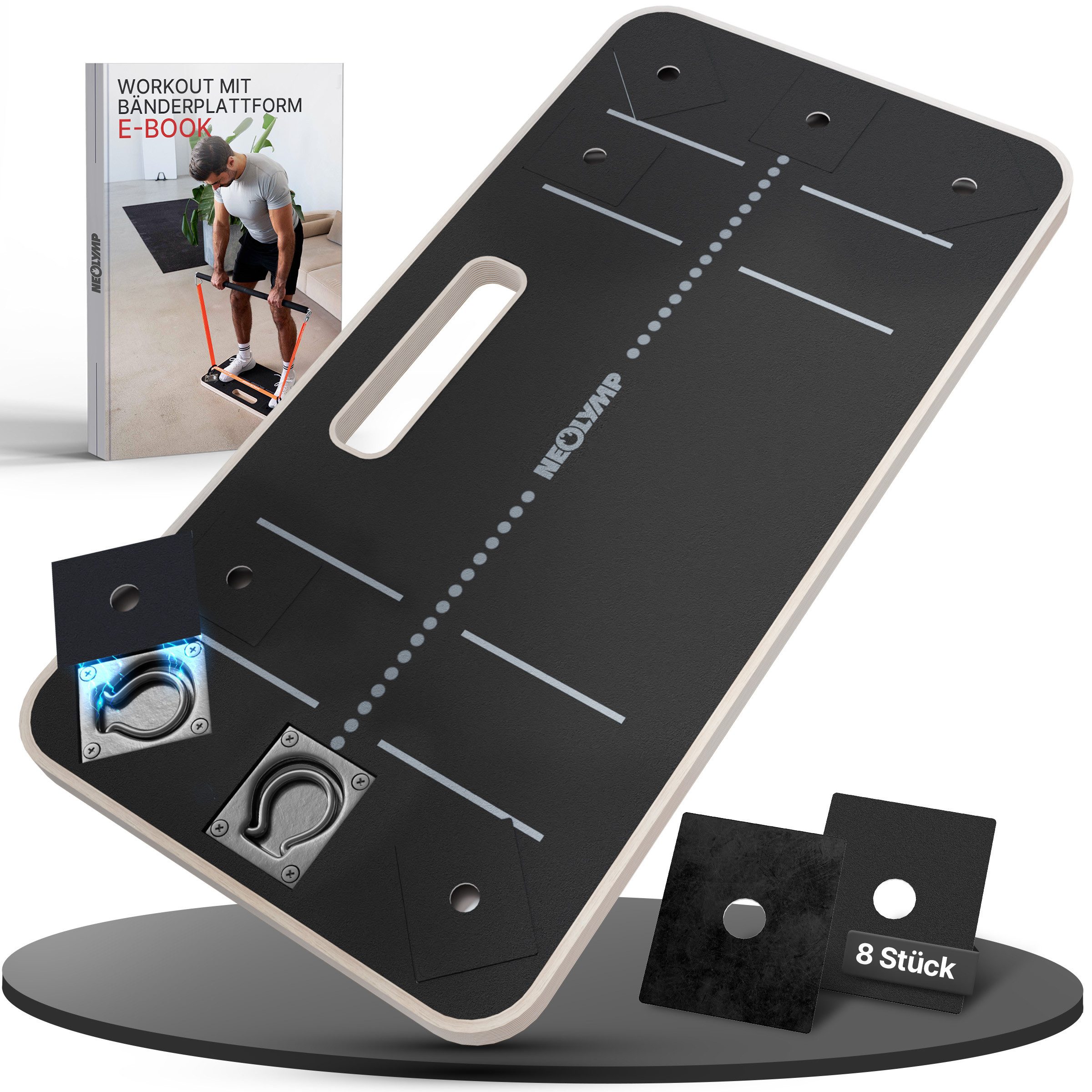 NEOLYMP Expander Widerstandsbänder Plattform aus Holz mit Grip Tape & Metallösen, Hochwertige Mehrschicht-Holzkonstruktion mit integrierten Metallösen
