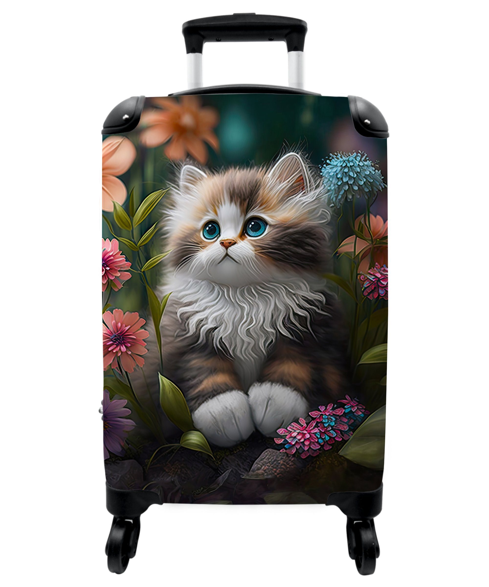 NoBoringSuitcases.com© Handgepäckkoffer 55x35x20cm Kätzchen - Illustration - Blumen - Natur - Katze, 4 Rollen, Handgepäck Trolley Rollkoffer Kleine Reisekoffer mit 4 Rollen - Cabin