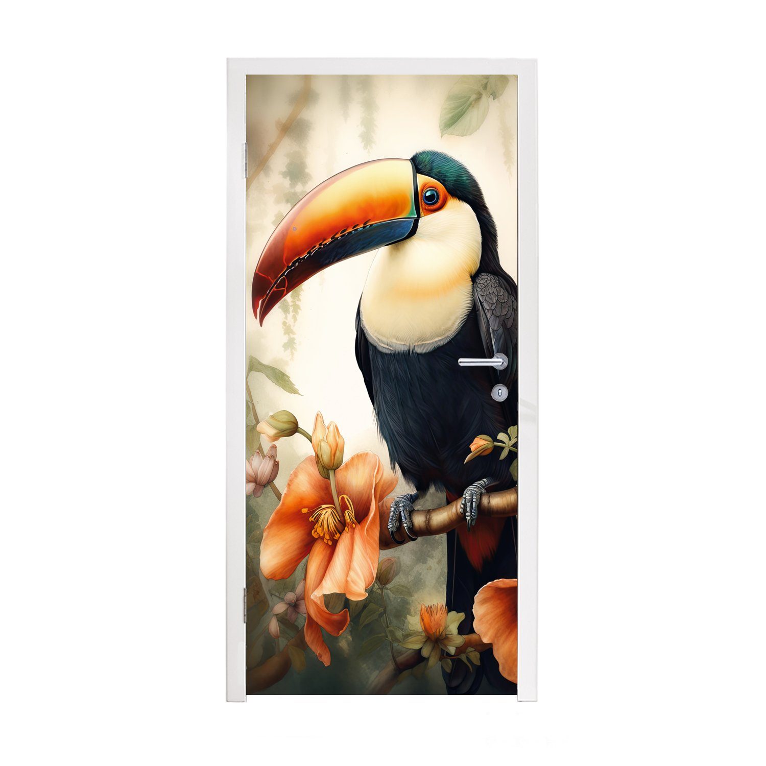 MuchoWow Türtapete Tukan - Vogel - Blumen - Pflanzen, Matt, bedruckt, (1 St), Fototapete für Tür, Türaufkleber, 75x205 cm