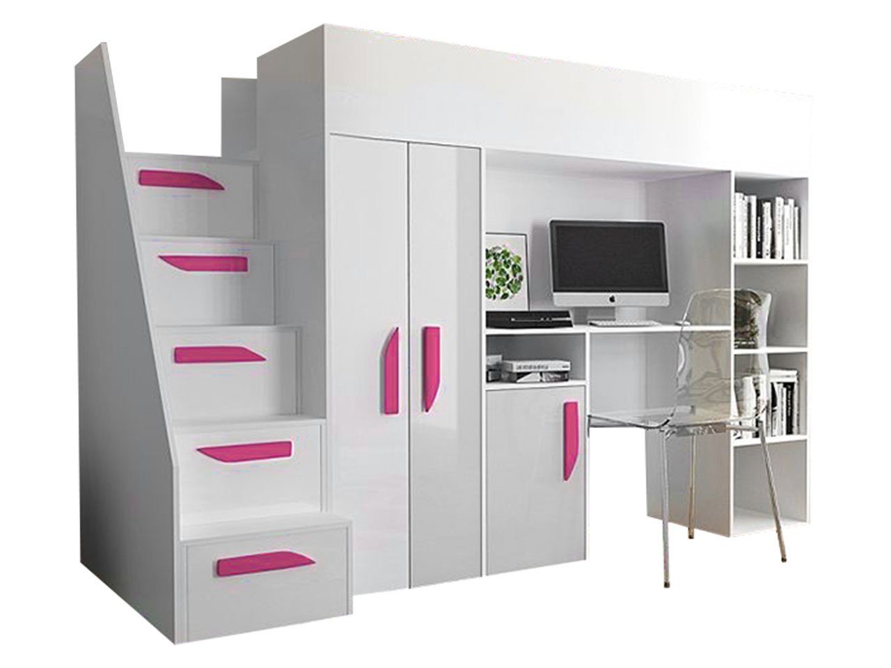 MIRJAN24 Etagenbett Party 14 (Komplett-Set, Einzelbett mit Treppe), 90x200 cm, mit Schreibtisch, Schrank und Regal