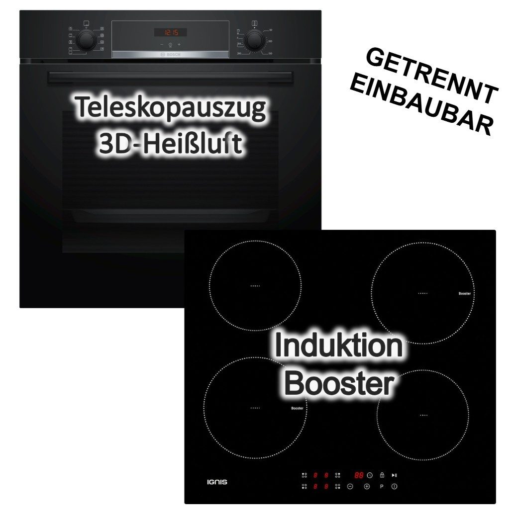 BOSCH Backofen-Set Backofen Hydrolyse Teleskopauszug+Bauknecht Induktionskochfeld Booster, mit 1-fach Teilauszug, Hydrolyse EcoClean Direct