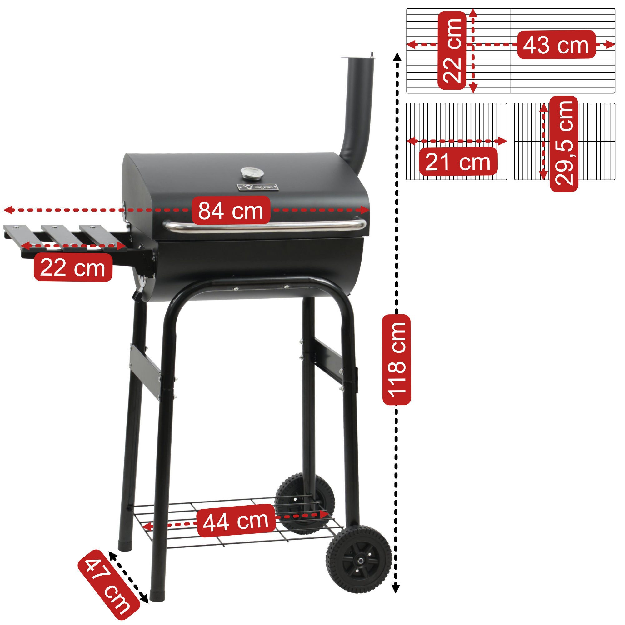 BBQ-Toro Holzkohlegrill Holzkohlegrill mit Thermometer und Schornstein, (B) 84 x (T) 47 cm, Mit Schornstein und Lüftungsschiebern