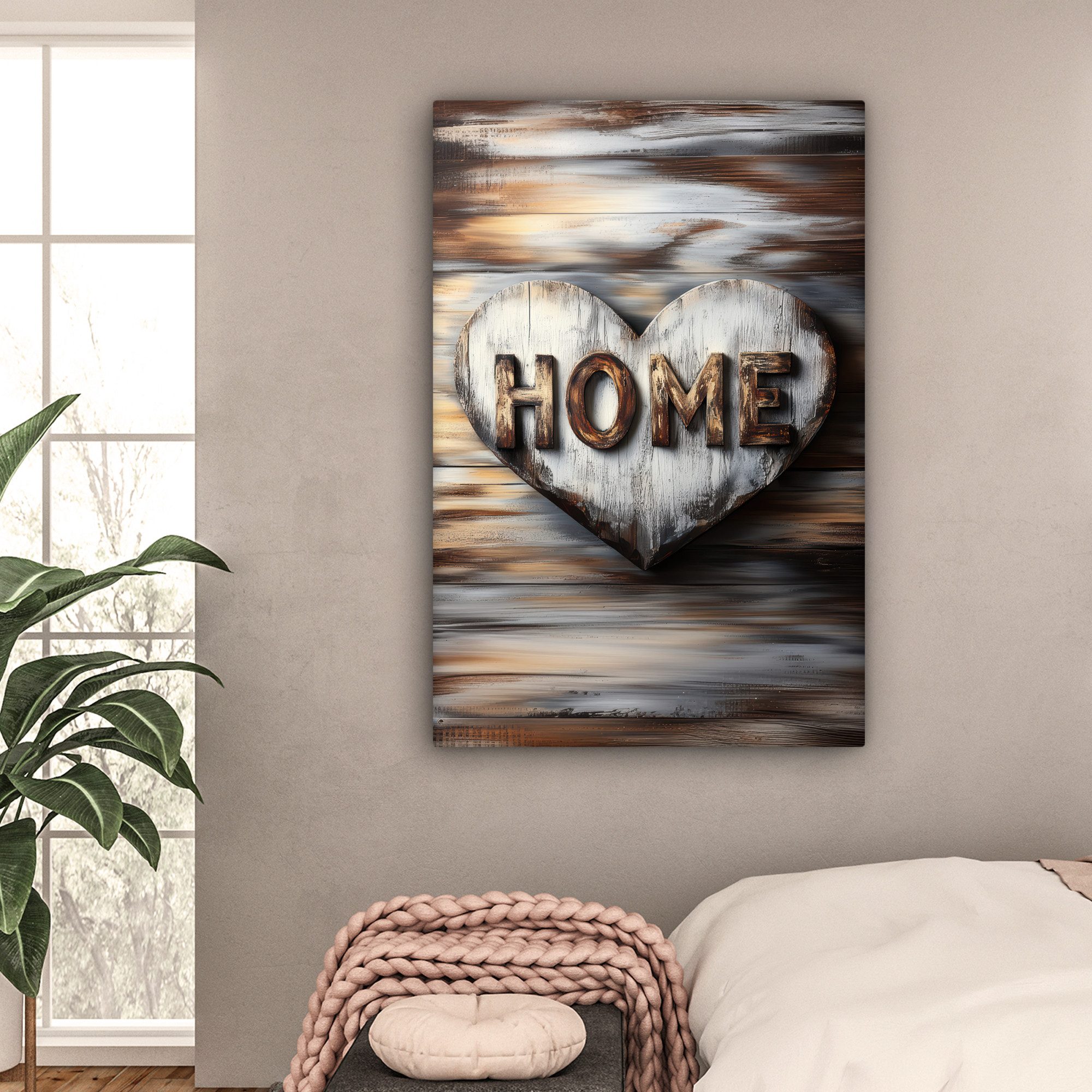 OneMillionCanvasses® Leinwandbild Zuhause - Herz - Holzoptik - Liebe, Fotodruck (1 St), Leinwandbilder XXL für Wohnzimmer 90x140 cm