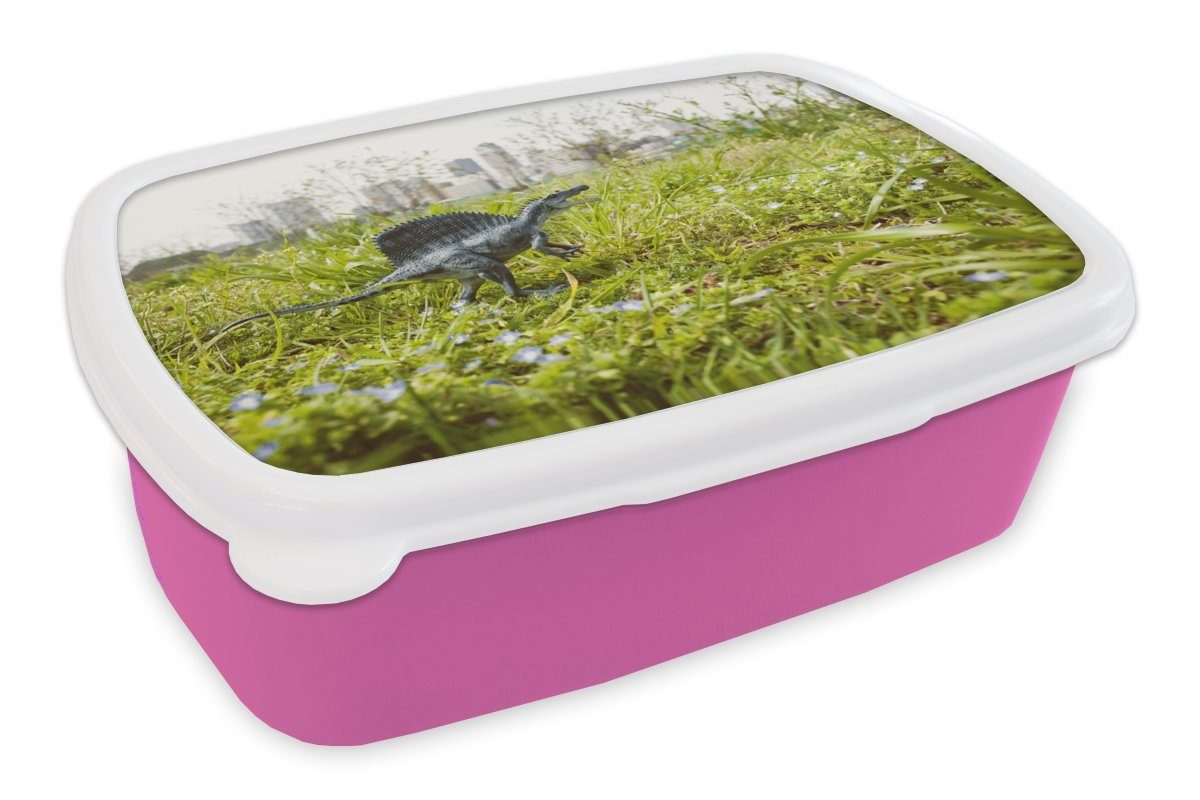 MuchoWow Lunchbox Dinosaurier - Gras - Klein, Kunststoff, (2-tlg), Brotbox für Erwachsene, Brotdose Kinder, Snackbox, Mädchen, Kunststoff rosa