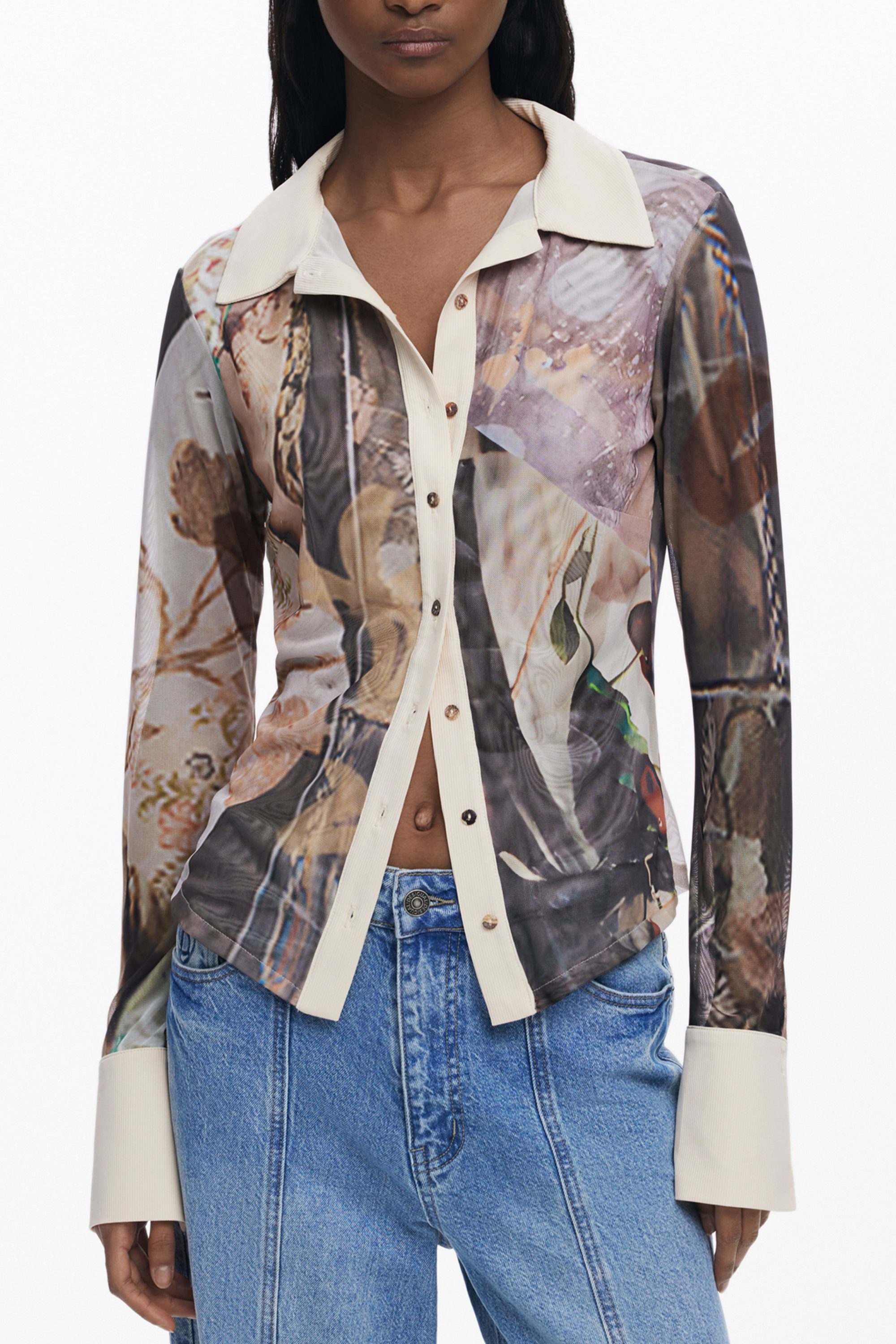 Desigual Blusenshirt Gemustertes Langarmshirt Damen - Beige