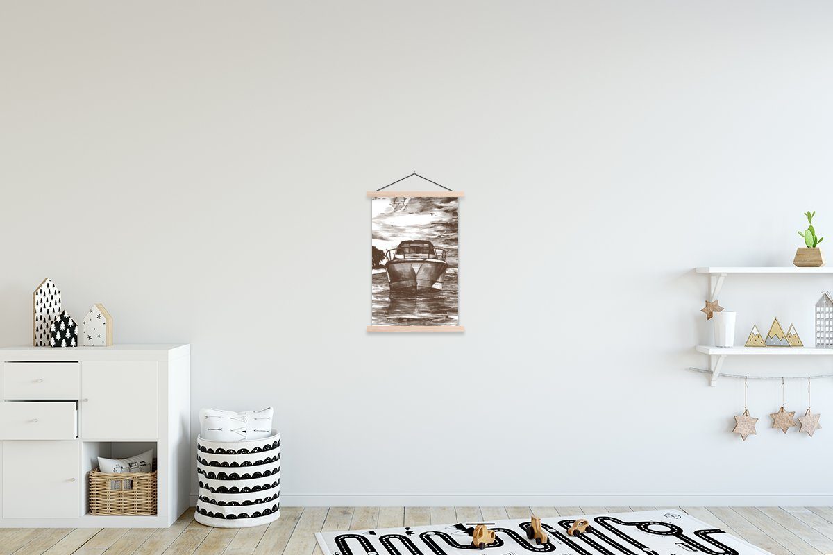 MuchoWow Poster Boot - Luft - Schwarz - Weiß, (1 St), Posterleiste, Textilposter für Wohnzimmer, Bilderleiste, Magnetisch