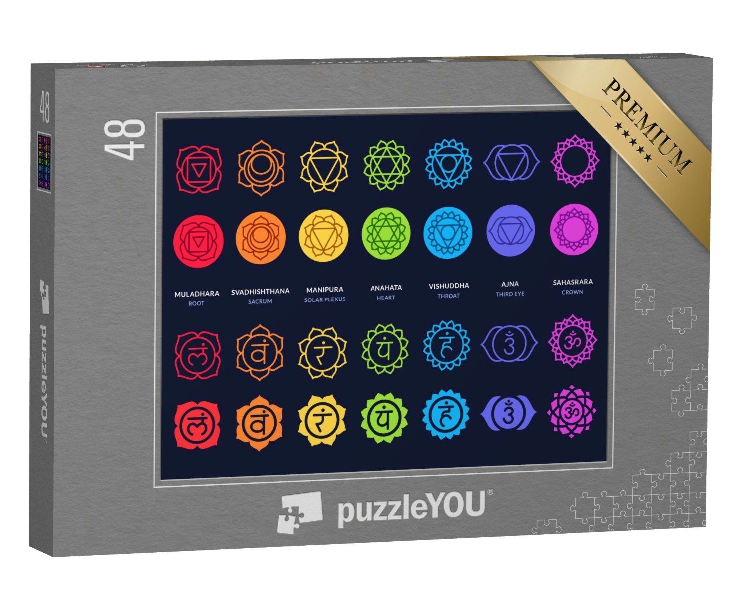 puzzleYOU Puzzle Chakra-Symbole auf dunklem Hintergrund, 48 Puzzleteile, puzzleYOU-Kollektionen Chakra, Menschen