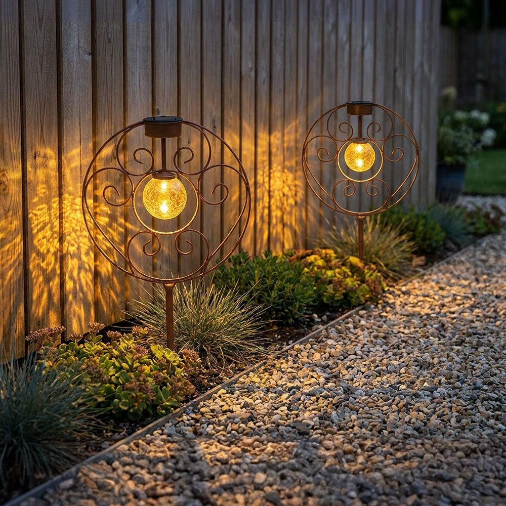 GLOBO LIGHTING LED Solarleuchte, LED-Leuchtmittel fest verbaut, Warmweiß, Solarlampe Gartenleuchte Außenlampe LED Erdspieß Dekolampe rost 2x