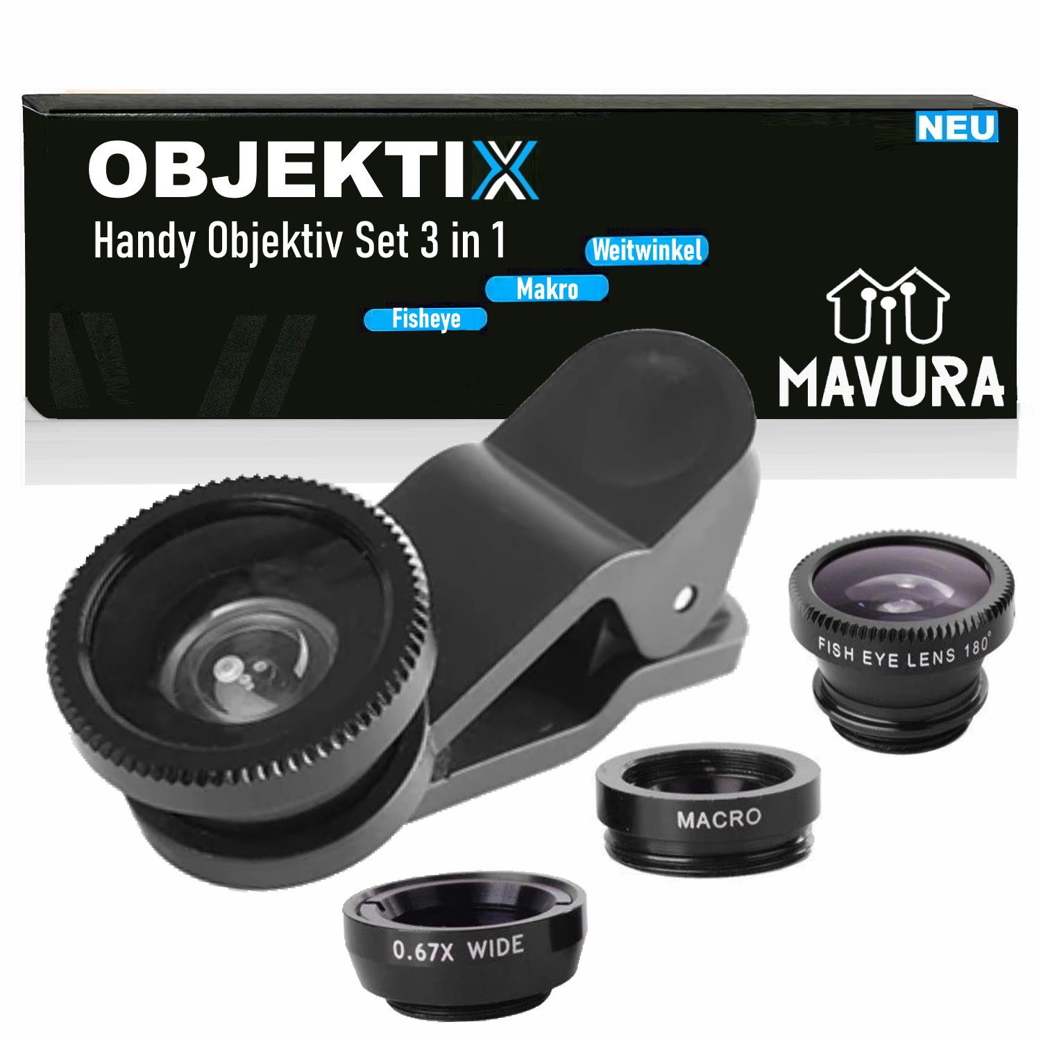MAVURA OBJEKTIX Universal Handy Objektiv Set 3in1 Smartphone Linsen Objektiv,  (Fisheye + Weitwinkel + Makro Kamera)