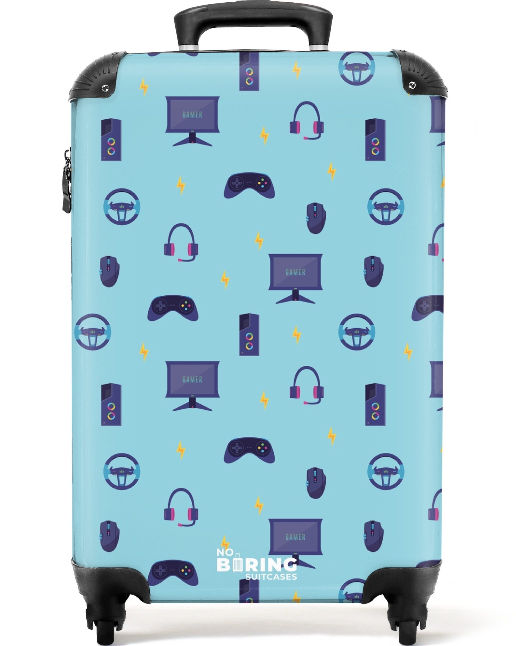 NoBoringSuitcases.com© Kinderkoffer Gamer-Muster mit Gaming-Zubehör auf Blau 55x35x20cm, Kinder Koffer Klein, Trolley Handgepäck, Reisekoffer