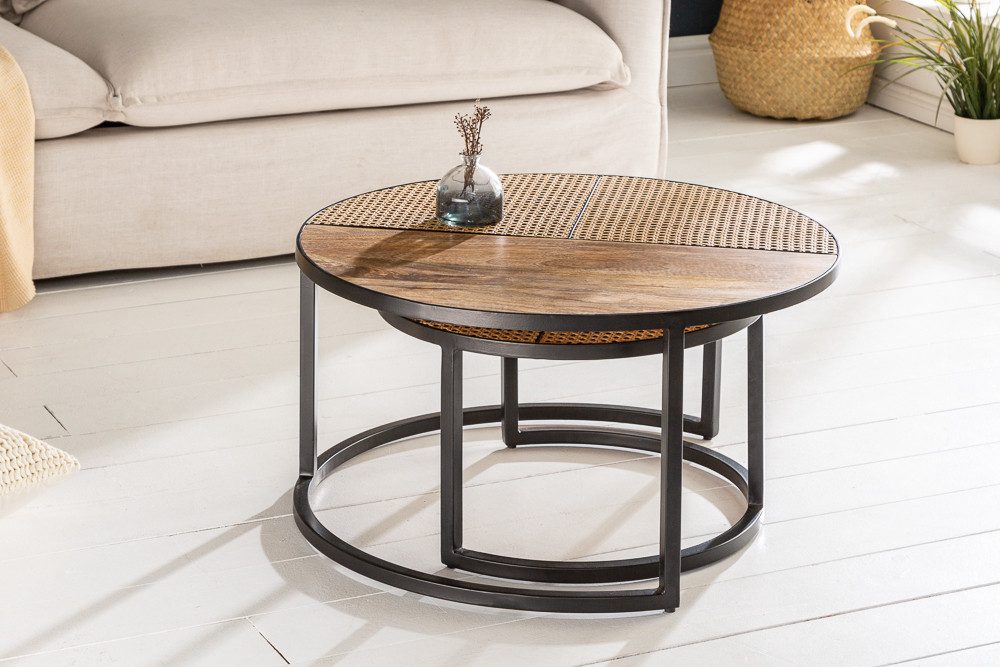 riess-ambiente Couchtisch VIENNA LOUNGE Ø70cm natur / schwarz (Set, 2-St., 2x Couchtisch), Wohnzimmer · Massivholz · Metall · rund · Rattan · Wiener Geflecht