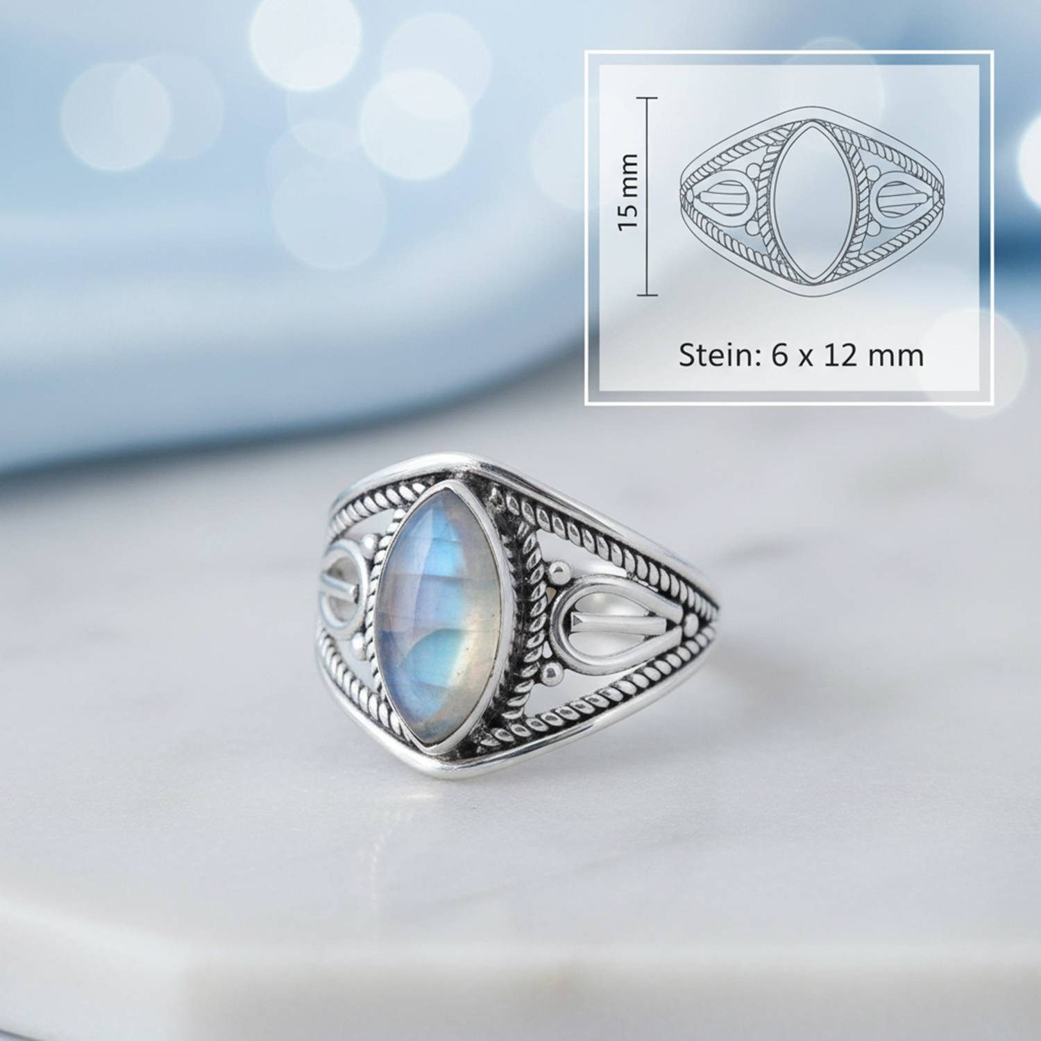 mantraroma Silberring DAHAB Ellipse aus 925 Silber mit Regenbogen Mondstein (Ring mit Schmuckbeutel), Damenring aus 925er Silber