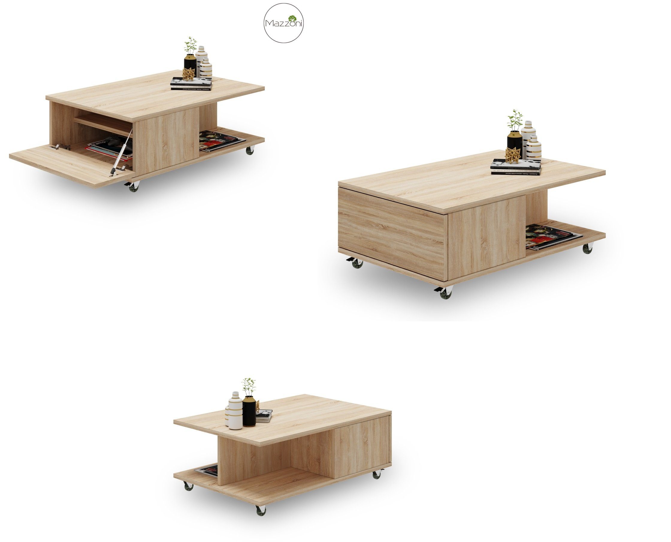 Mazzoni Couchtisch Design Tisch Vienna Rollen Wohnzimmertisch Sonoma 90x60x38cm Eiche mit
