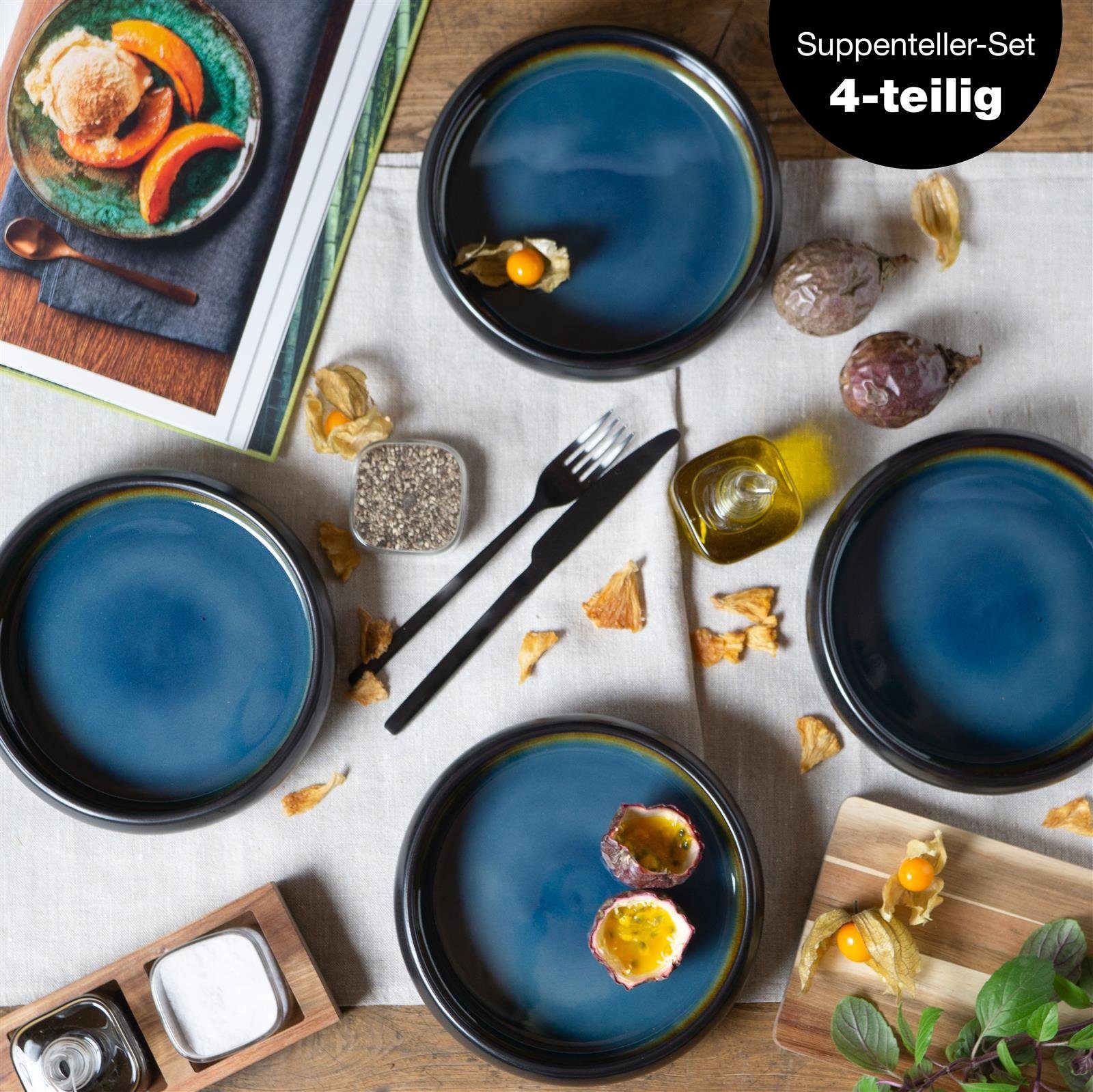 Moritz & Moritz Suppenteller SOLID 4x Suppenteller Blau/Braun, (4 St), Bowl Schüssel für Suppe, Nudeln, Salat oder Müsli