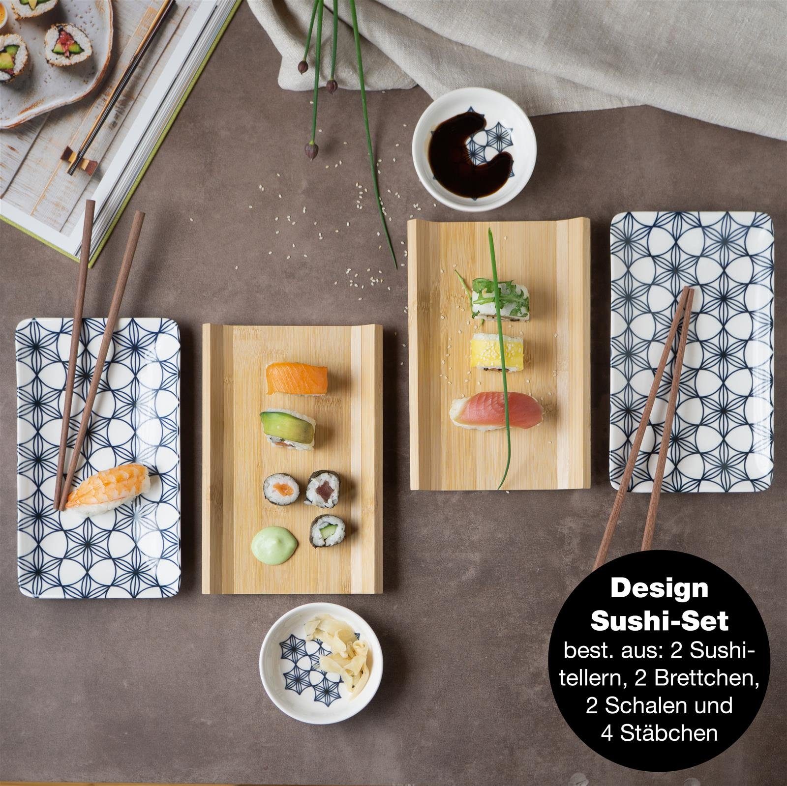 Moritz & Moritz Tafelservice Sushi Set 10tlg Blaue Blumen (8-tlg), 2 Personen, Porzellan, Geschirrset für 2 Personen