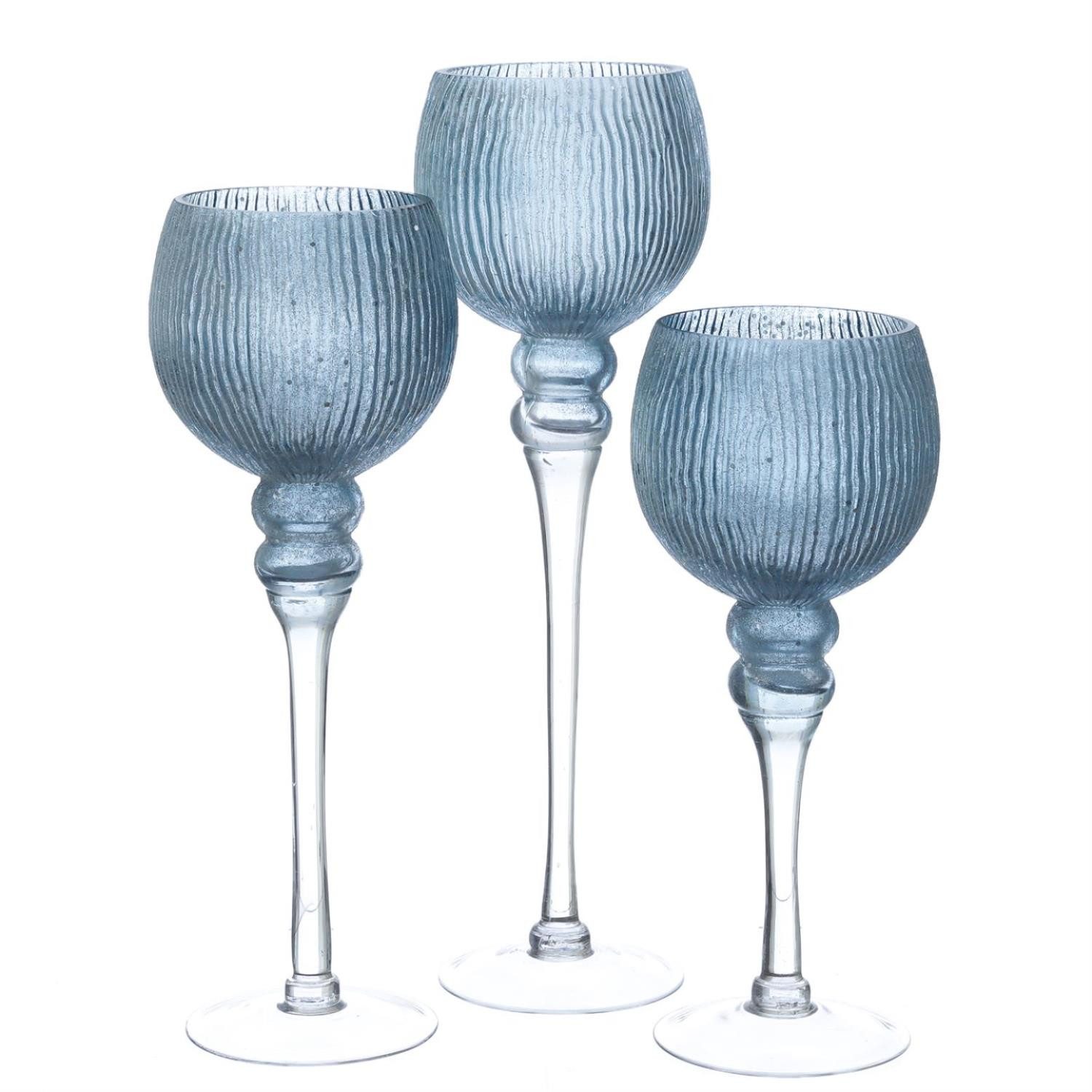 Kerzenhalter Kelch Glas Windlicht Teelichthalter 3 Höhen glitzernd blau 3er Set