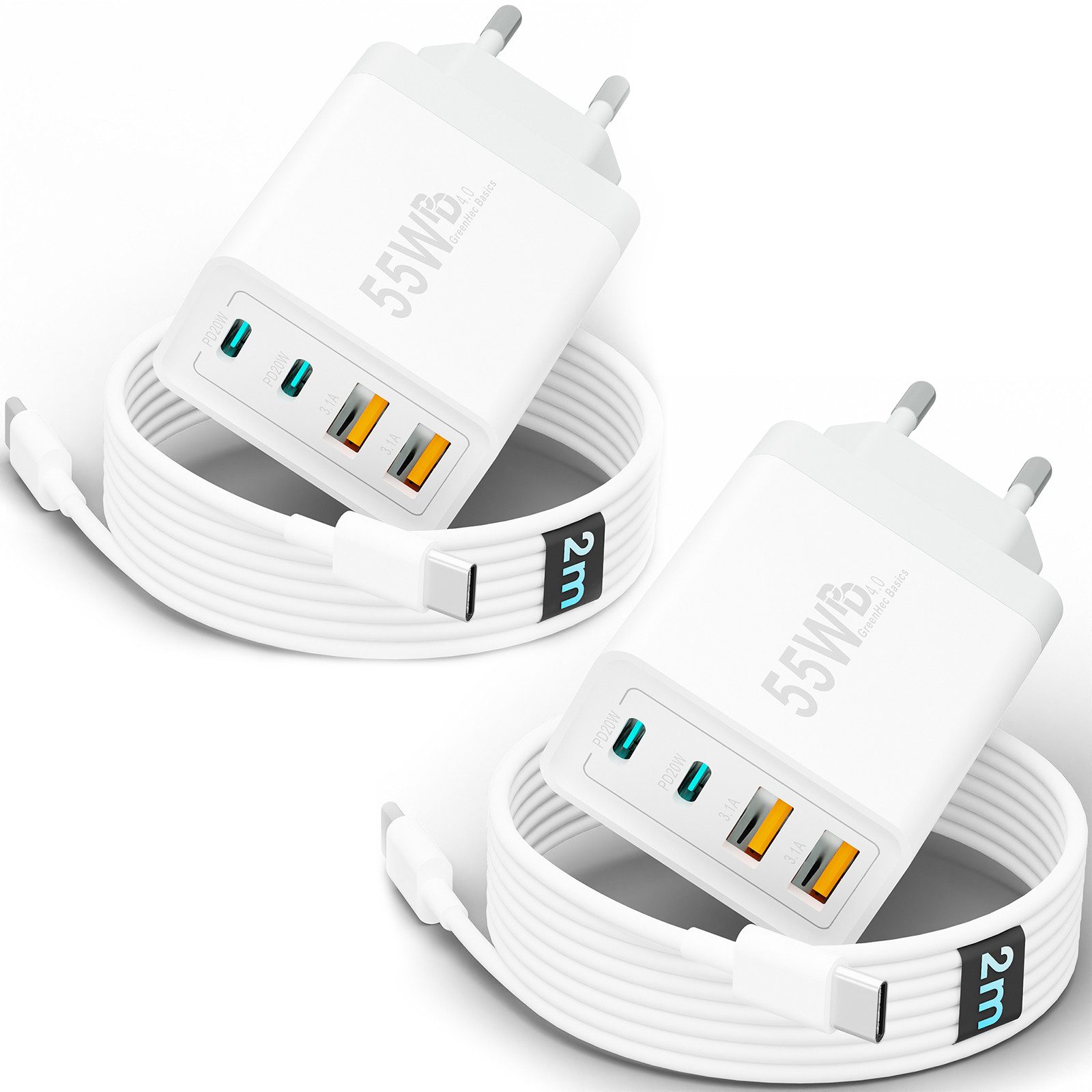 GreenHec Ladegerät USB-C iPhone mehrfach Charger Handy Stecker Adapter Netzteil Schnelllade-Gerät (0,00 mA, set, 55w Quatro Charger, iPhone 17 16 15 14 13 12 iPad, Schnell, 55w Multiport, Kabel, 2er Pack)